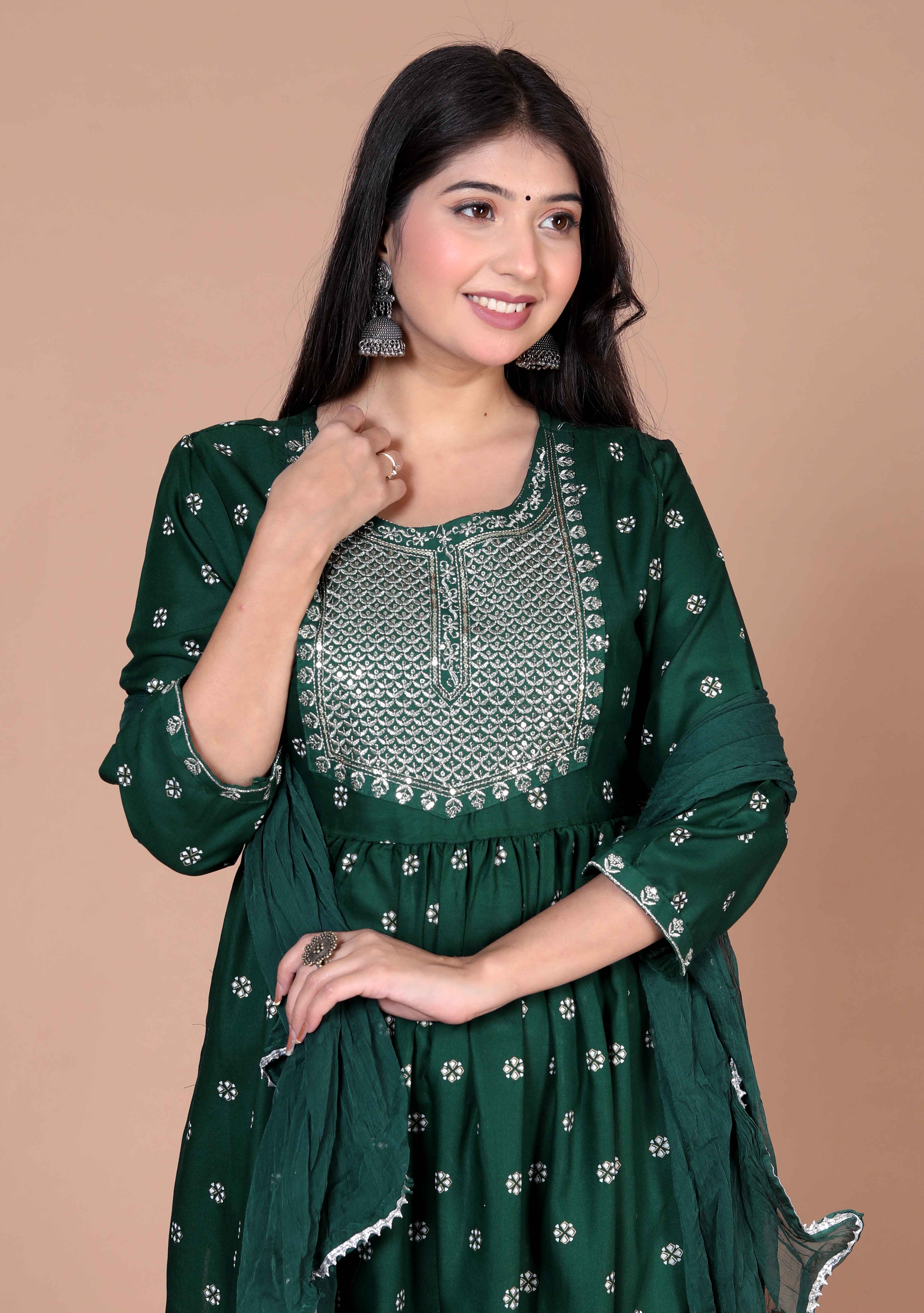 Women's Green Embroidery Nayra Cut Kurta And Palazzo With Dupatta Set - Doriyaan