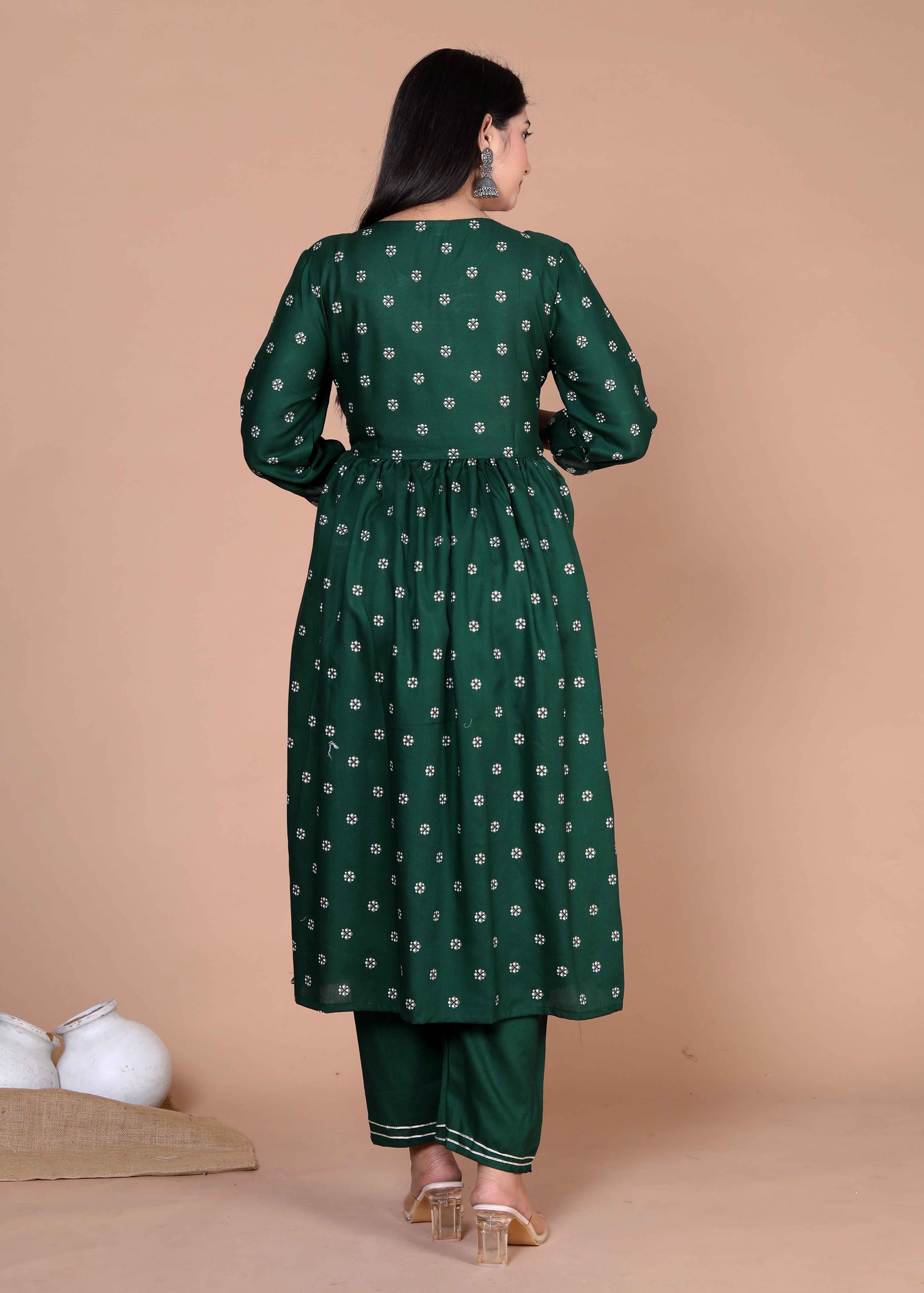 Women's Green Embroidery Nayra Cut Kurta And Palazzo With Dupatta Set - Doriyaan
