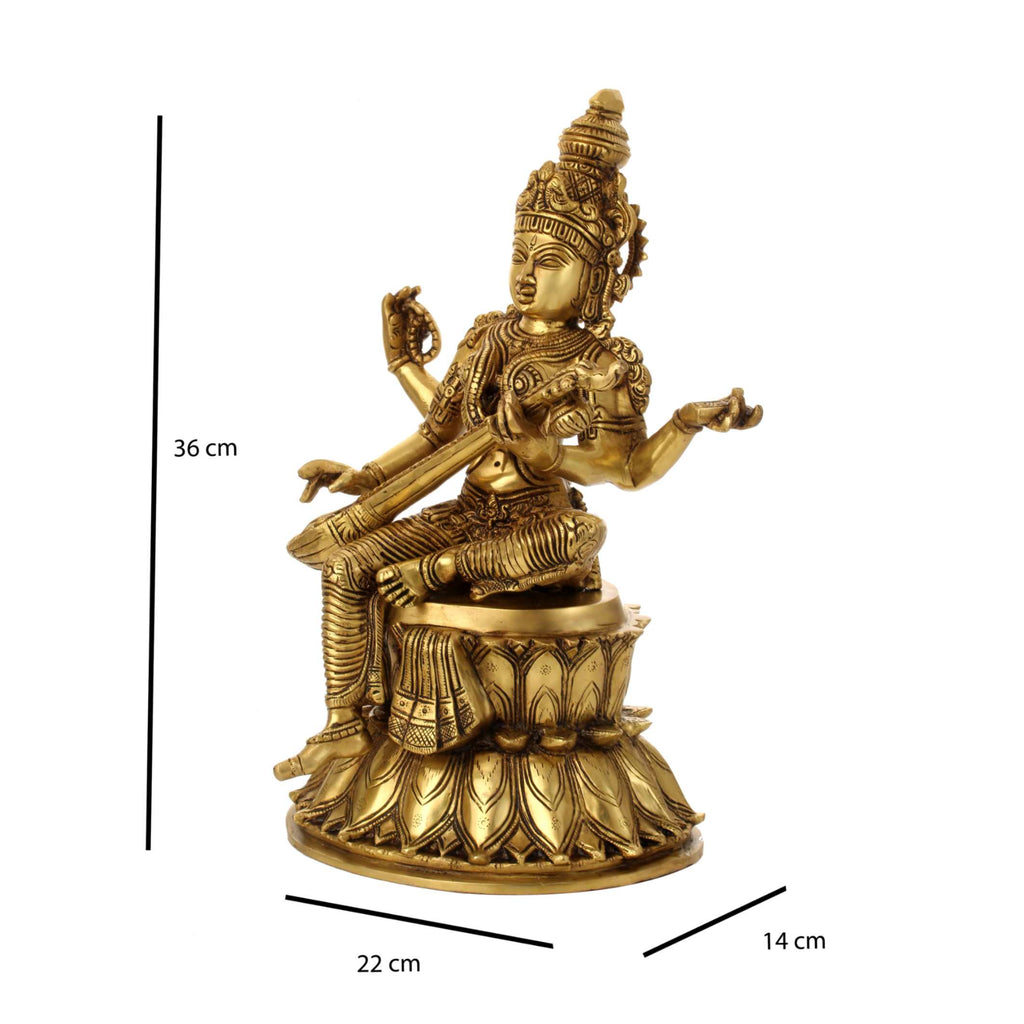 Brass Goddess Saraswati Seated on Lotus – 15 Inch