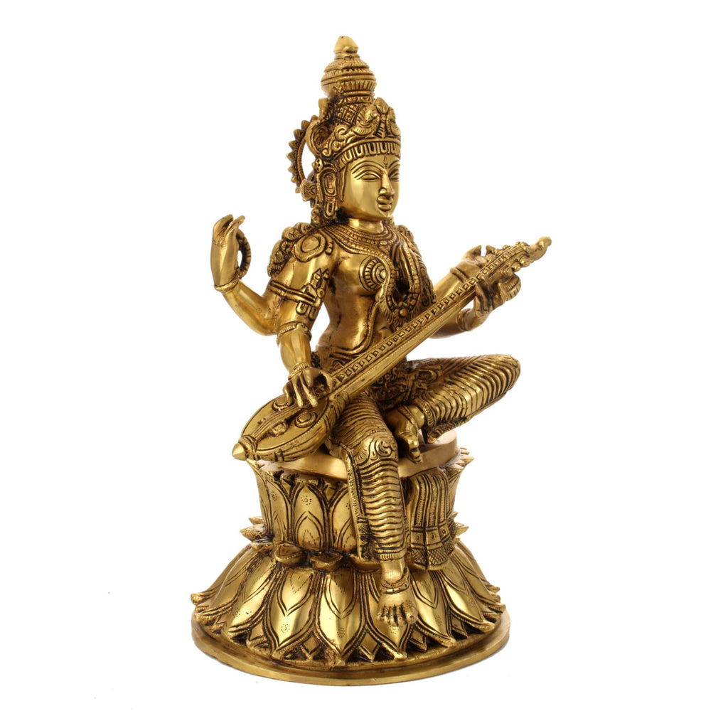 Brass Goddess Saraswati Seated on Lotus – 15 Inch