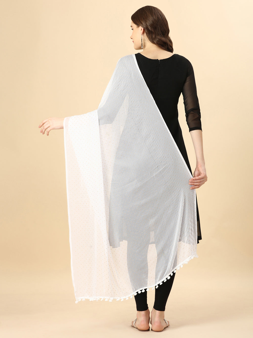Women's White Solid polkadots Print Woven Chiffon Dupatta With Pompom - NIMIDHYA
