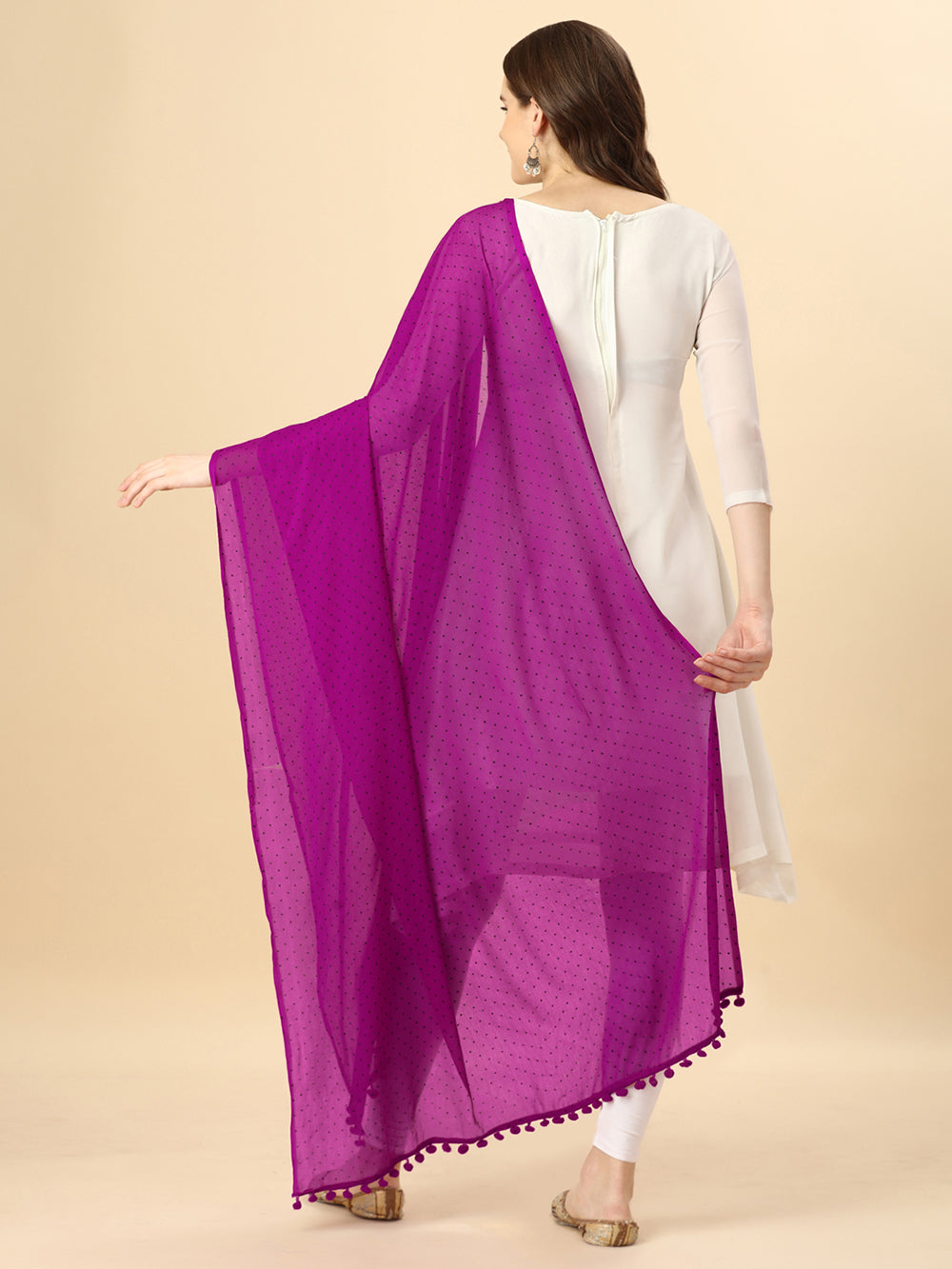 Women's Purple Solid polkadots Print Woven Chiffon Dupatta With Pompom - NIMIDHYA
