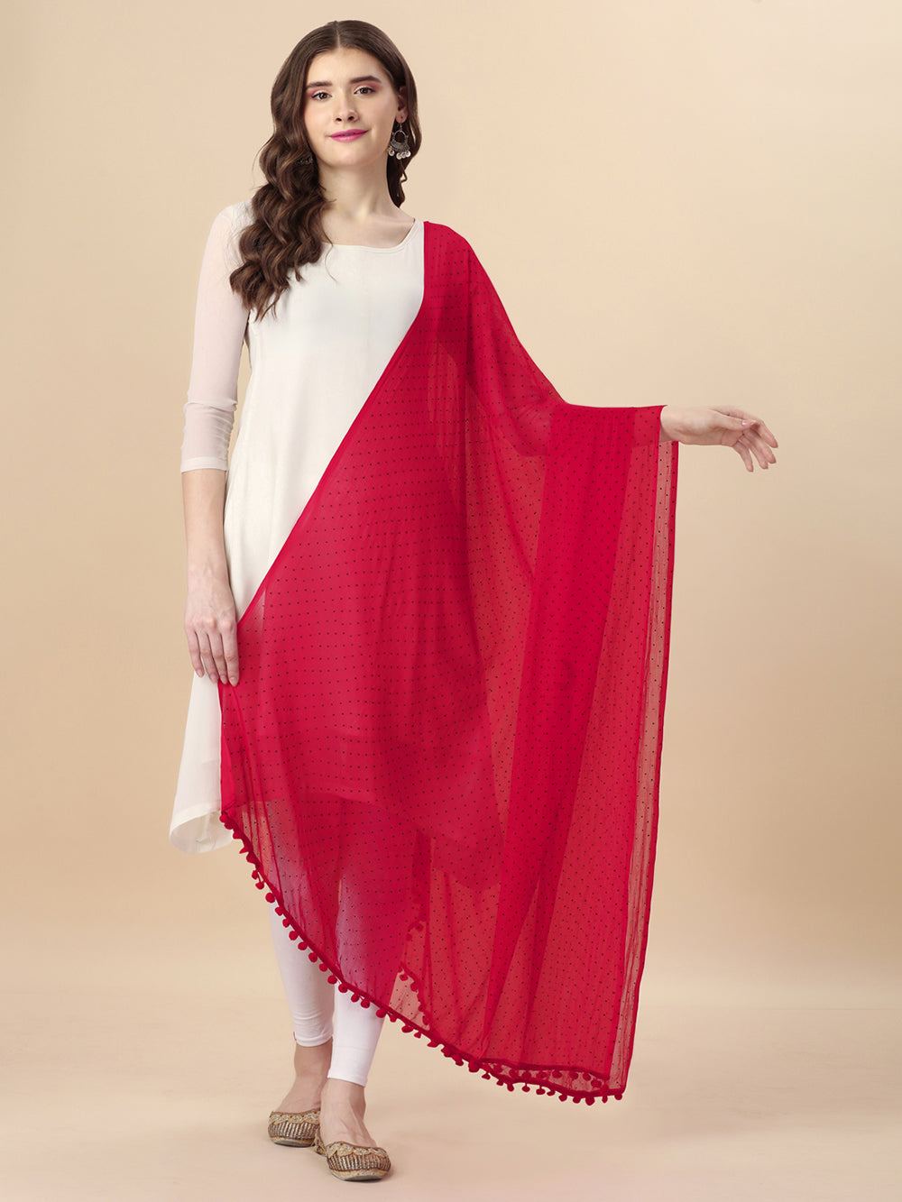 Women's Red Solid polkadots Print Woven Chiffon Dupatta With Pompom - NIMIDHYA