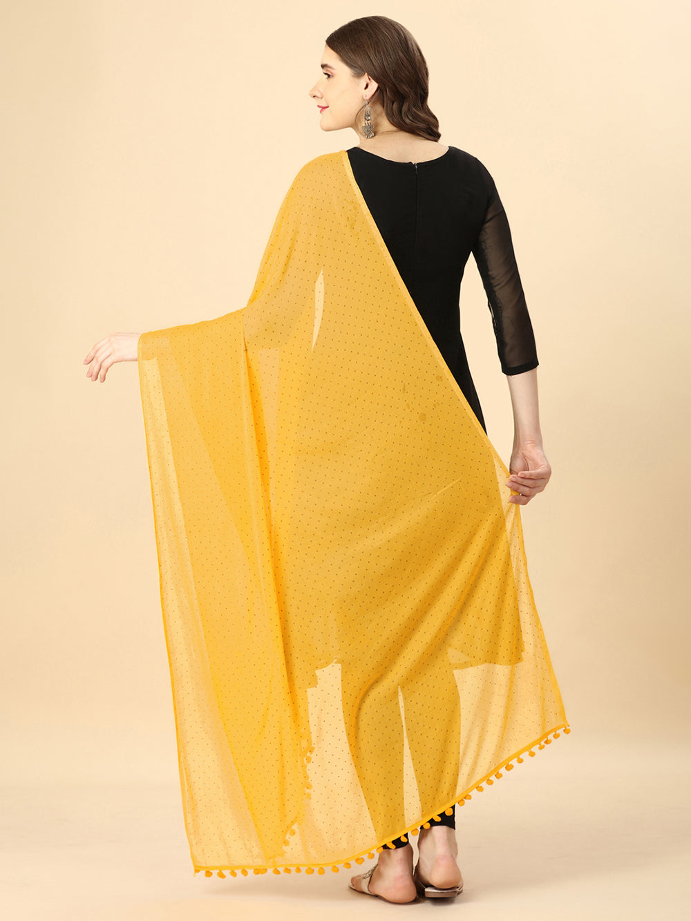 Women's Yellow Solid polkadots Print Woven Chiffon Dupatta With Pompom - NIMIDHYA