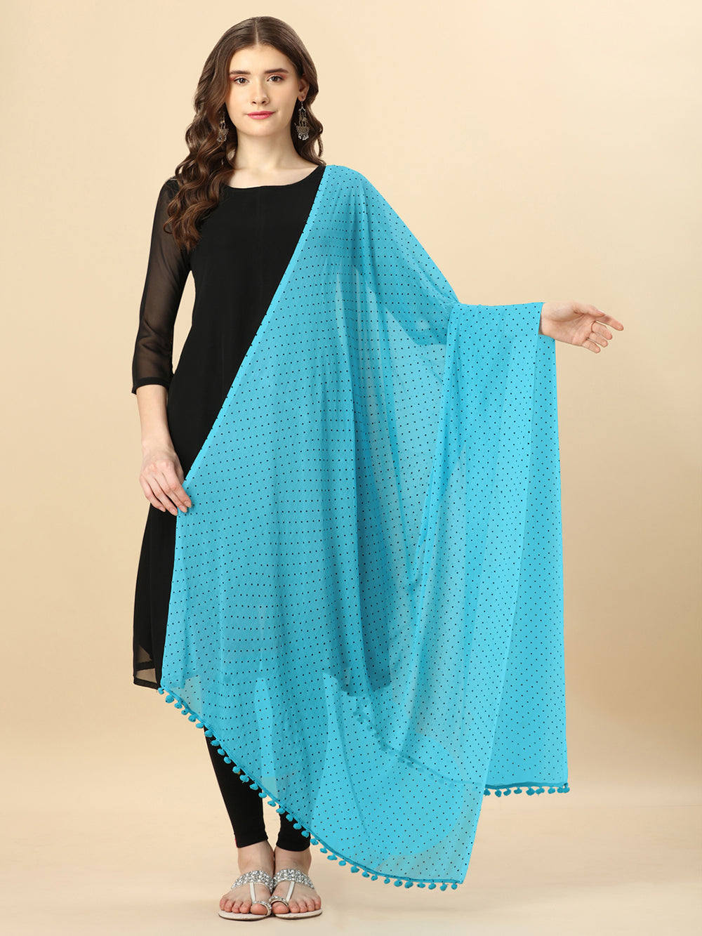 Women's Sky Blue Solid polkadots Print Woven Chiffon Dupatta With Pompom - NIMIDHYA