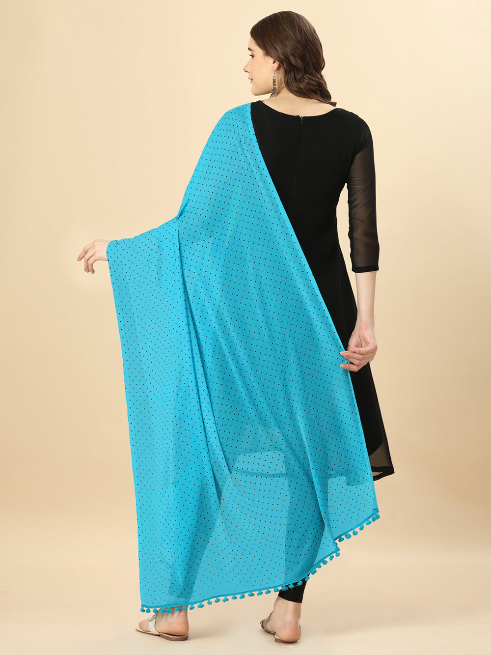 Women's Sky Blue Solid polkadots Print Woven Chiffon Dupatta With Pompom - NIMIDHYA