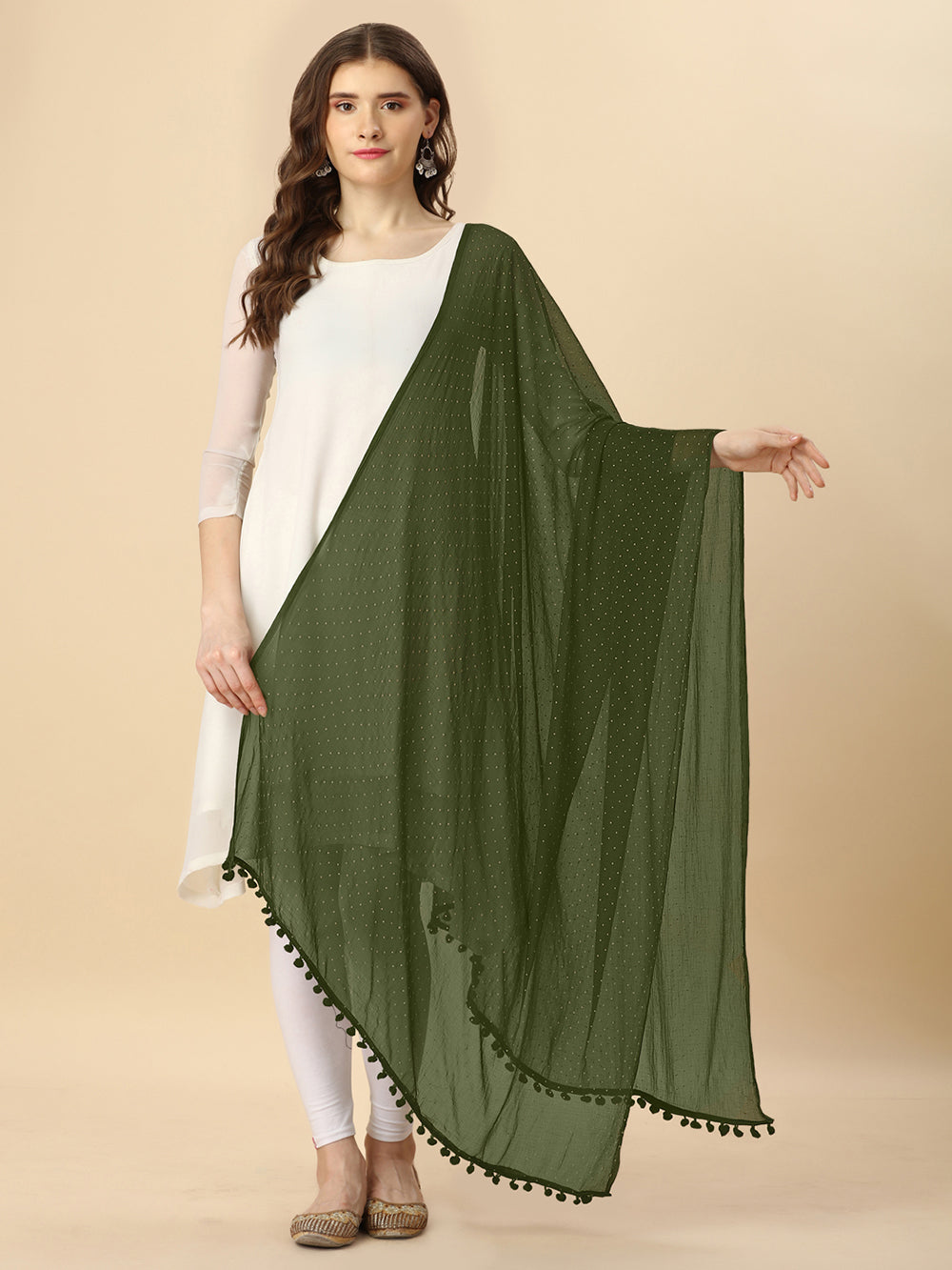 Women's Mendhai Green Solid polkadots Print Woven Chiffon Dupatta With Pompom - NIMIDHYA