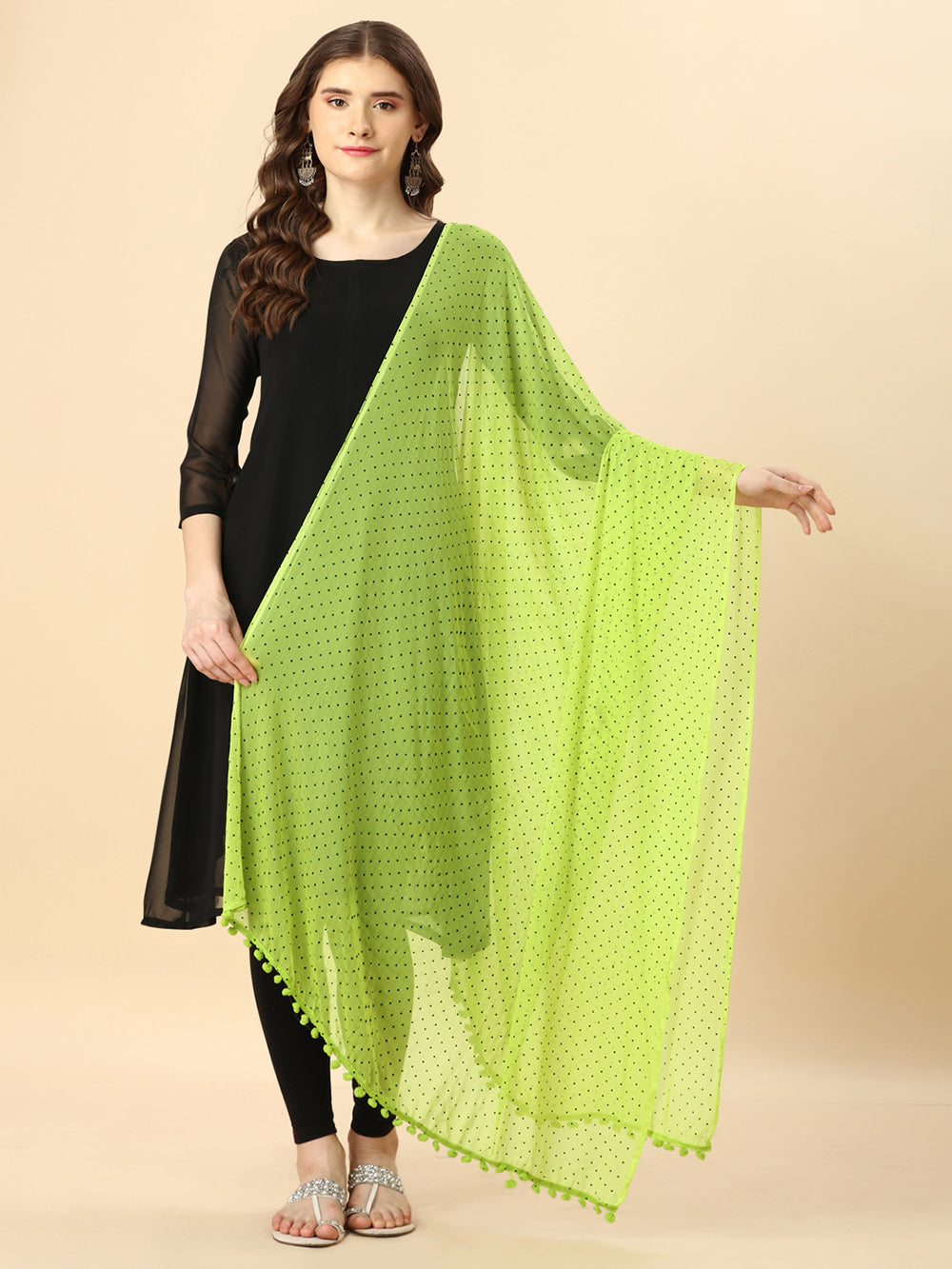 Women's Light Green Solid polkadots Print Woven Chiffon Dupatta With Pompom - NIMIDHYA
