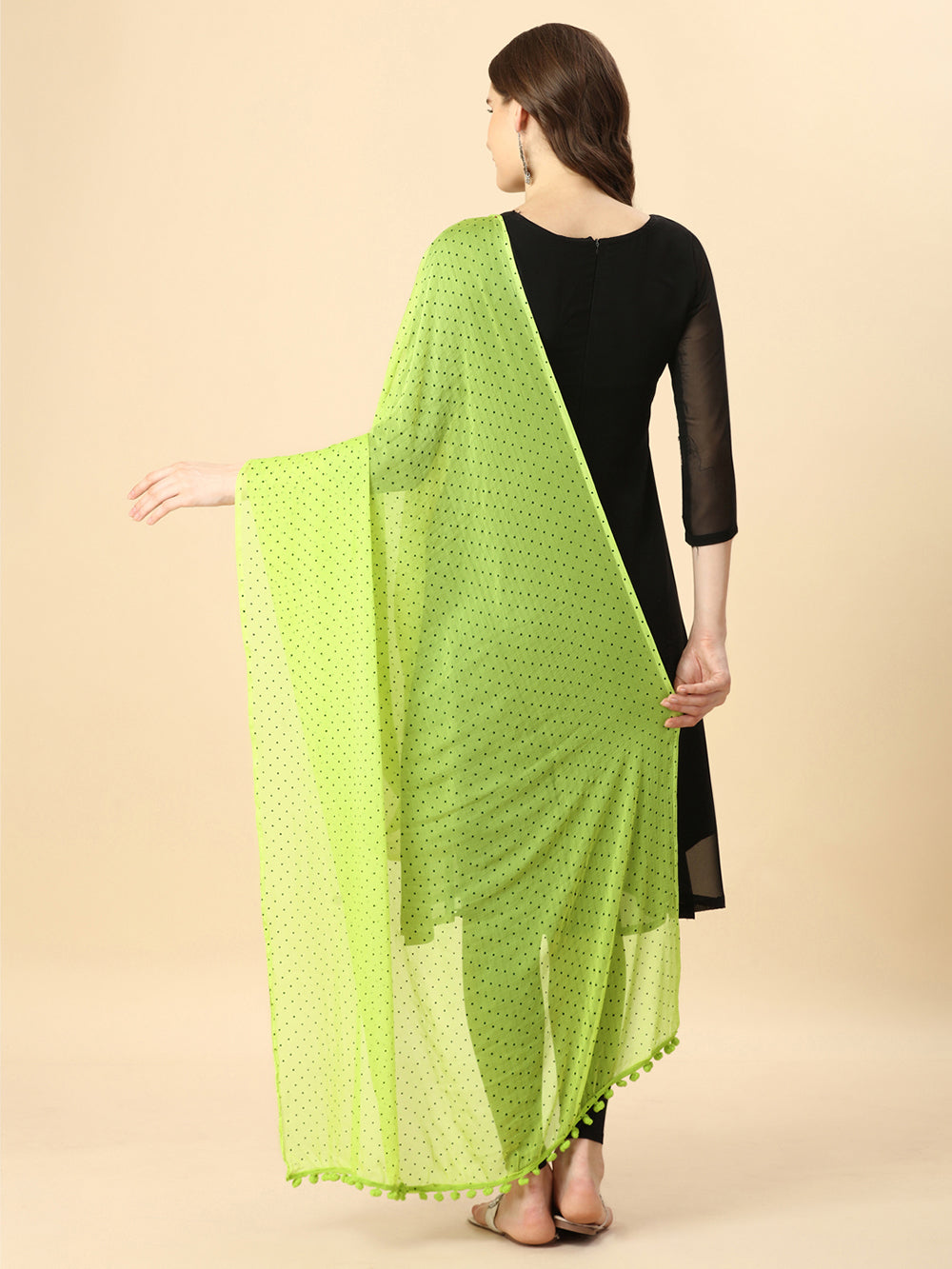 Women's Light Green Solid polkadots Print Woven Chiffon Dupatta With Pompom - NIMIDHYA