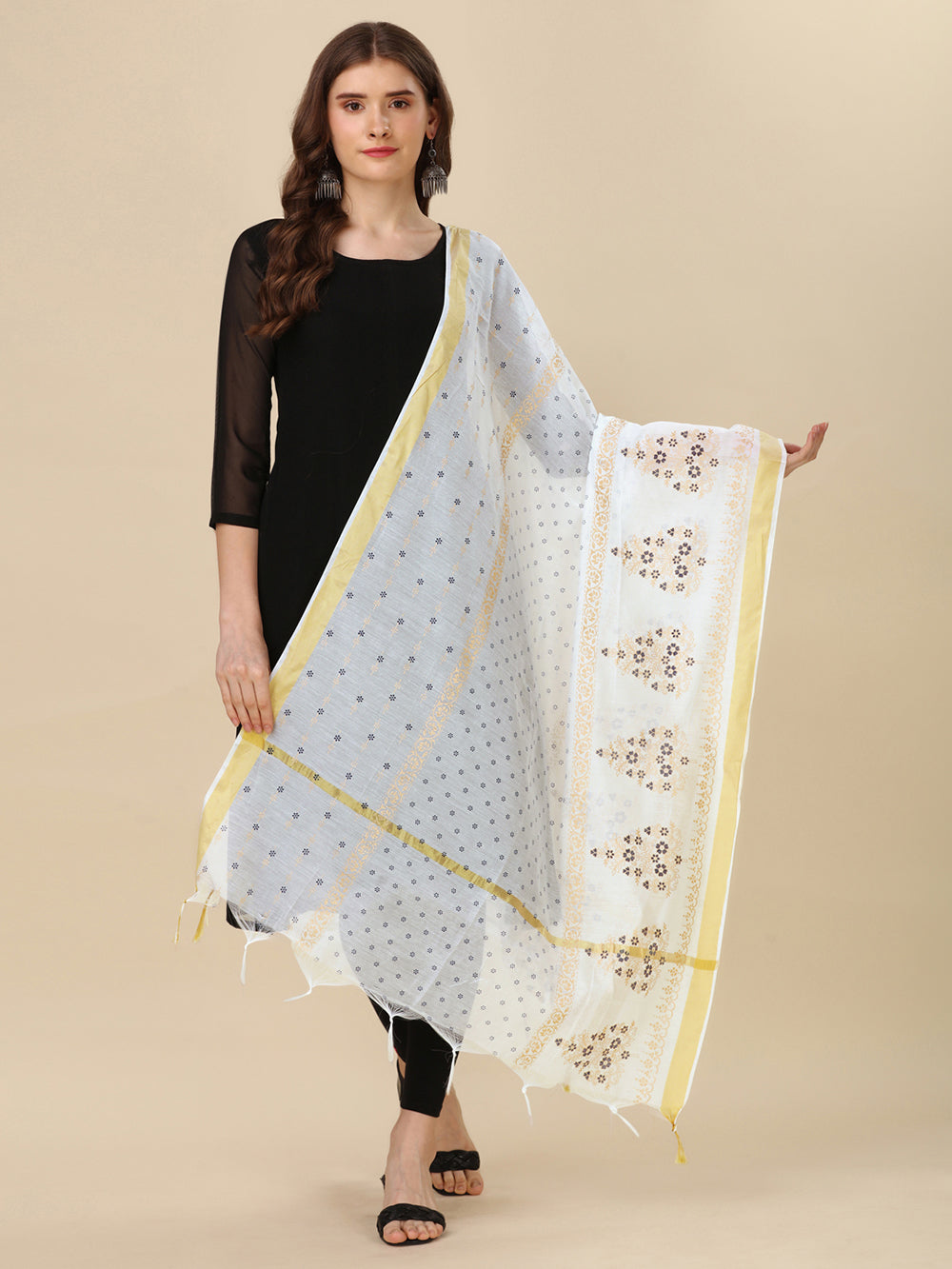 Women's White Floral Block Print Cotton Silk Dupatta - NIMIDHYA