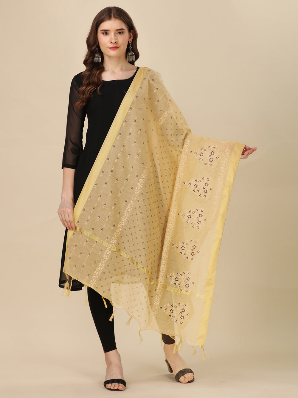 Women's Beige Floral Block Print Cotton Silk Dupatta - NIMIDHYA