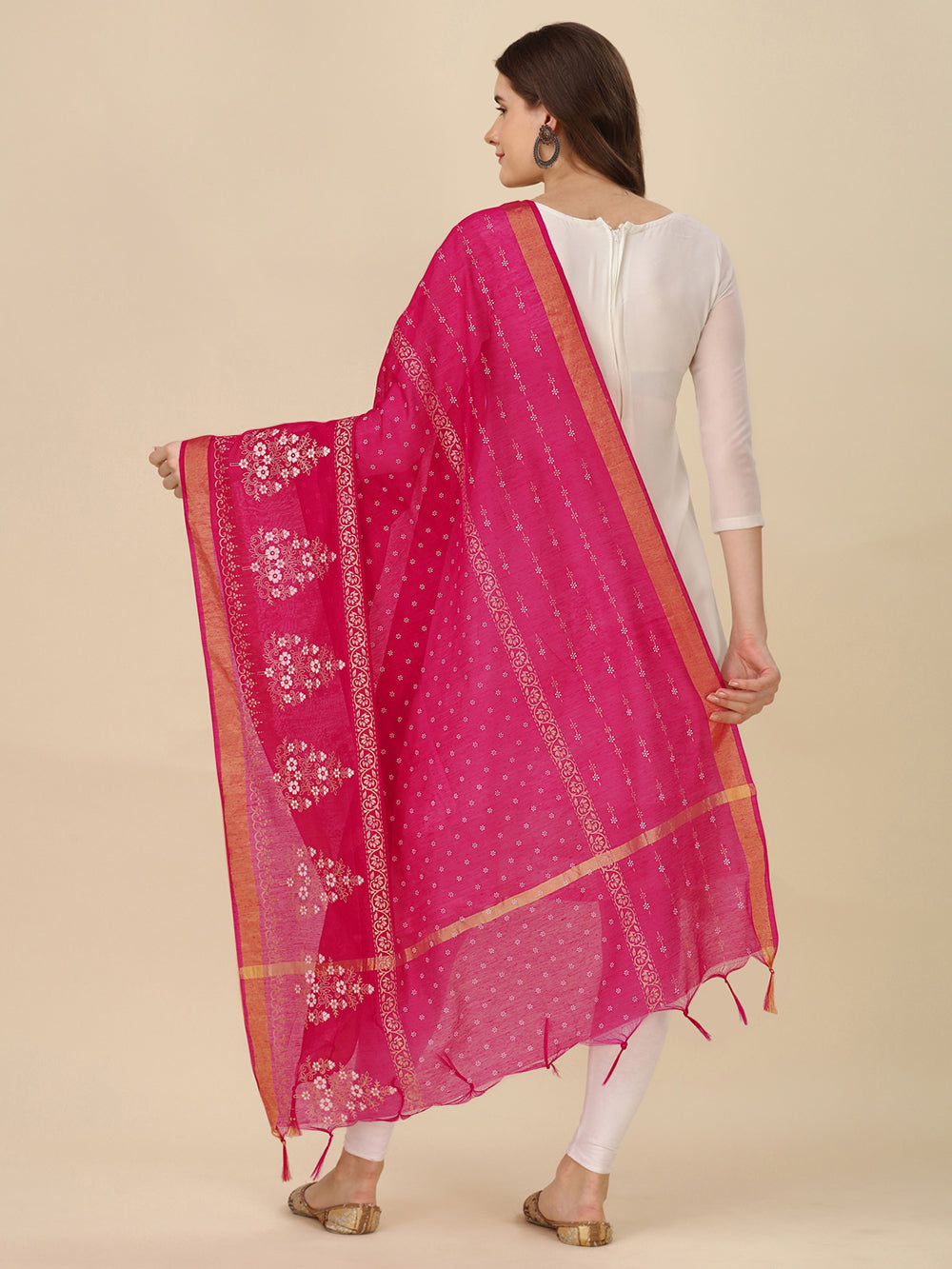 Women's Pink Floral Block Print Cotton Silk Dupatta - NIMIDHYA