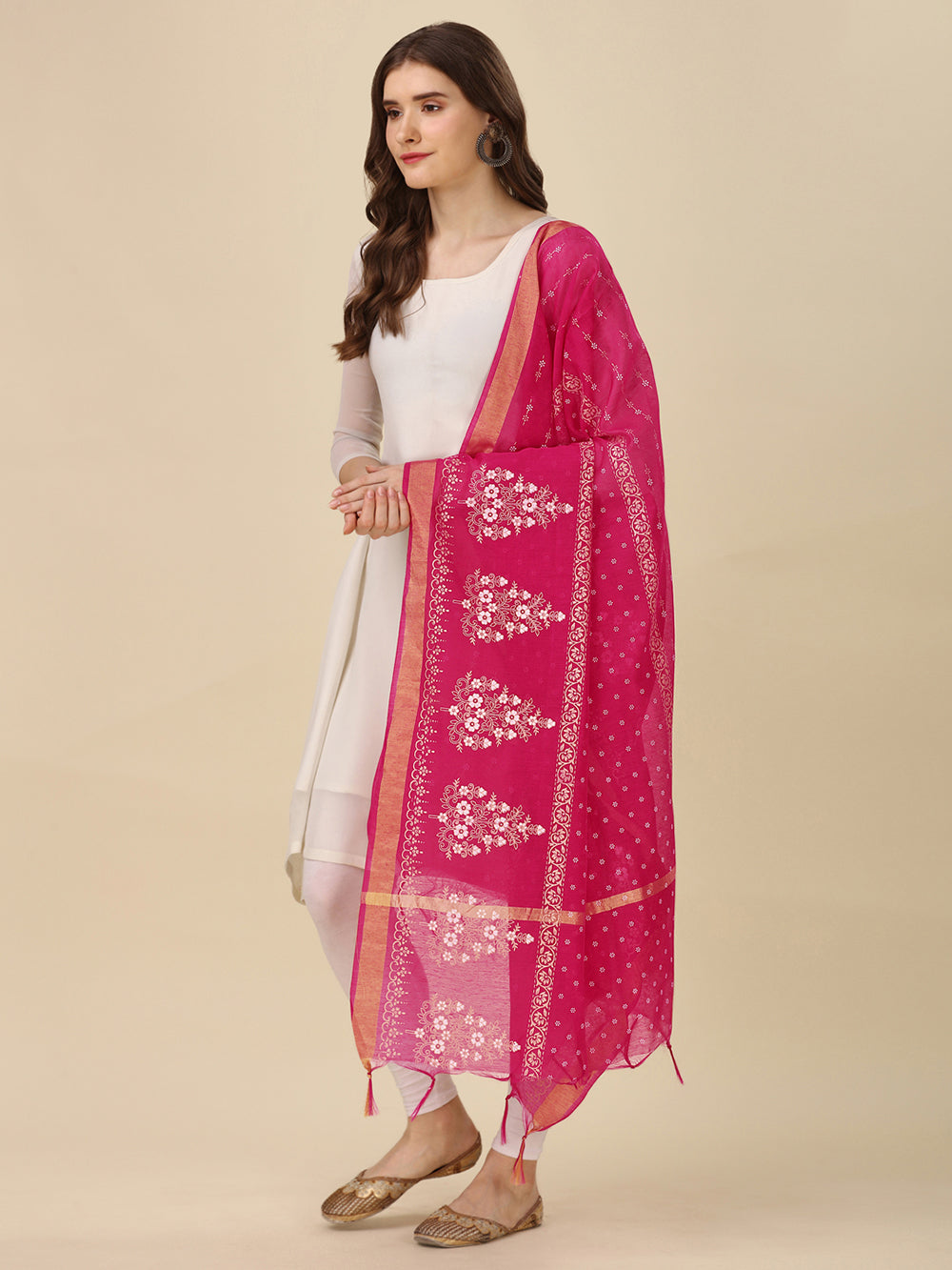Women's Pink Floral Block Print Cotton Silk Dupatta - NIMIDHYA