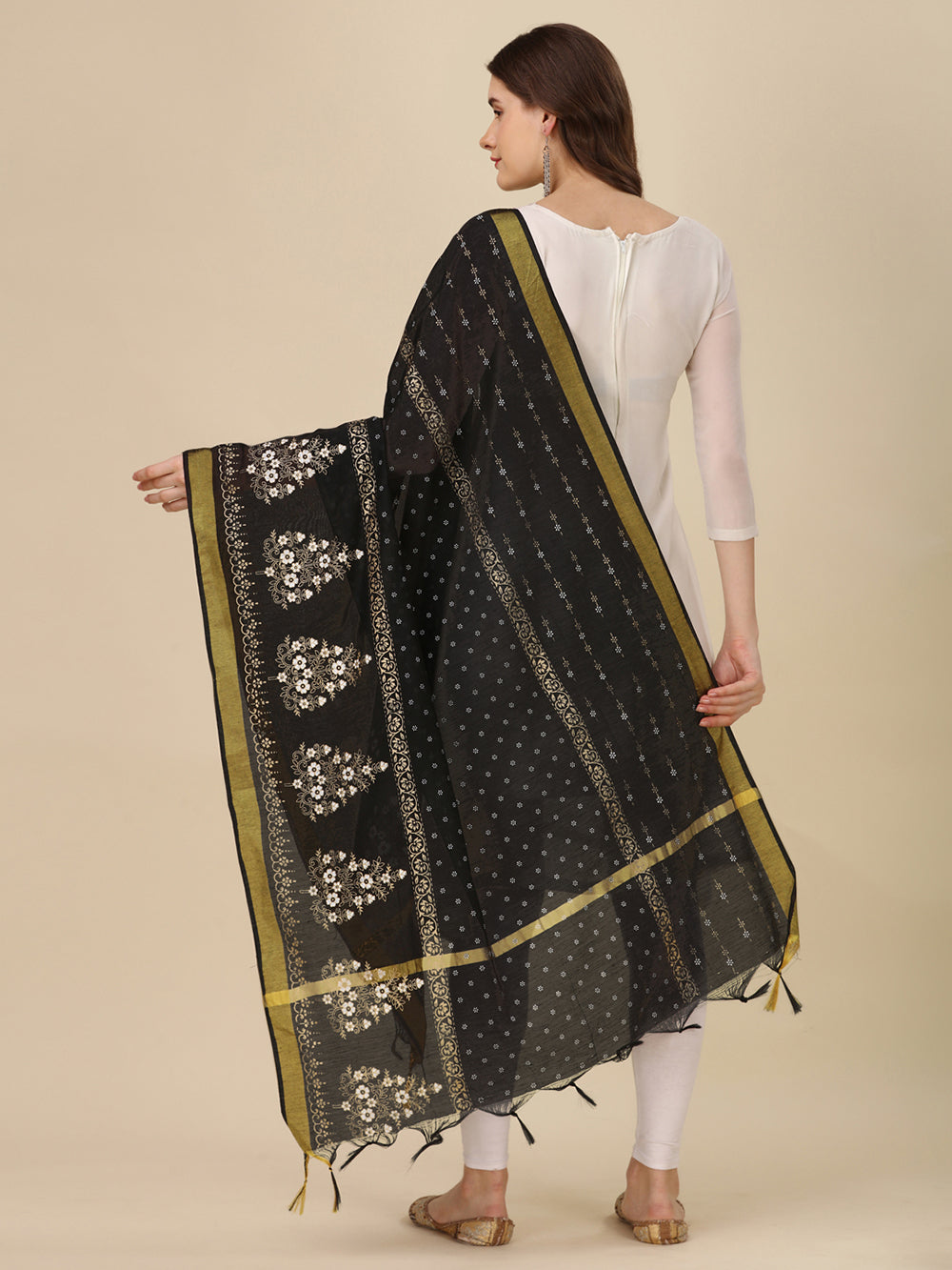 Women's Black Floral Block Print Cotton Silk Dupatta - NIMIDHYA