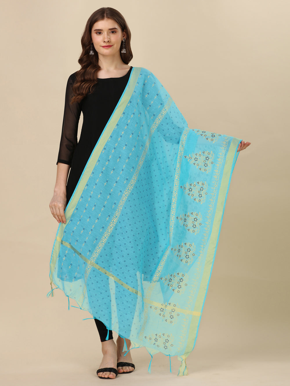 Women's Sky Blue Floral Block Print Cotton Silk Dupatta - NIMIDHYA
