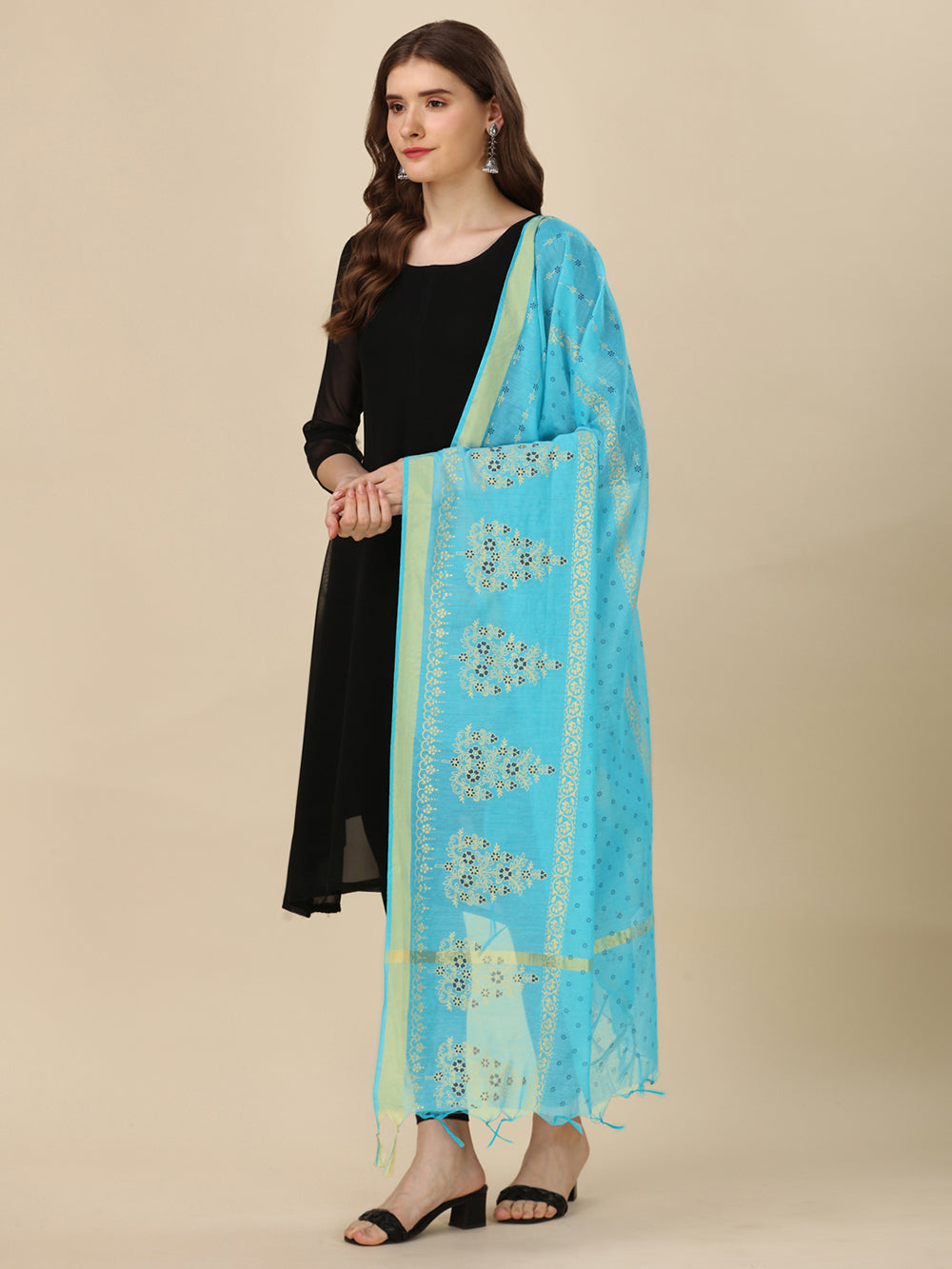 Women's Sky Blue Floral Block Print Cotton Silk Dupatta - NIMIDHYA