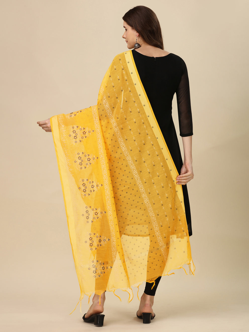 Women's Yellow Floral Block Print Cotton Silk Dupatta - NIMIDHYA
