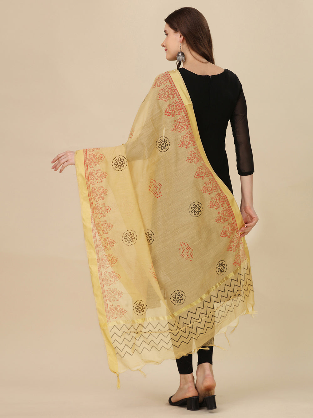 Women's Beige  Block Print Woven Cotton Silk Dupatta - NIMIDHYA