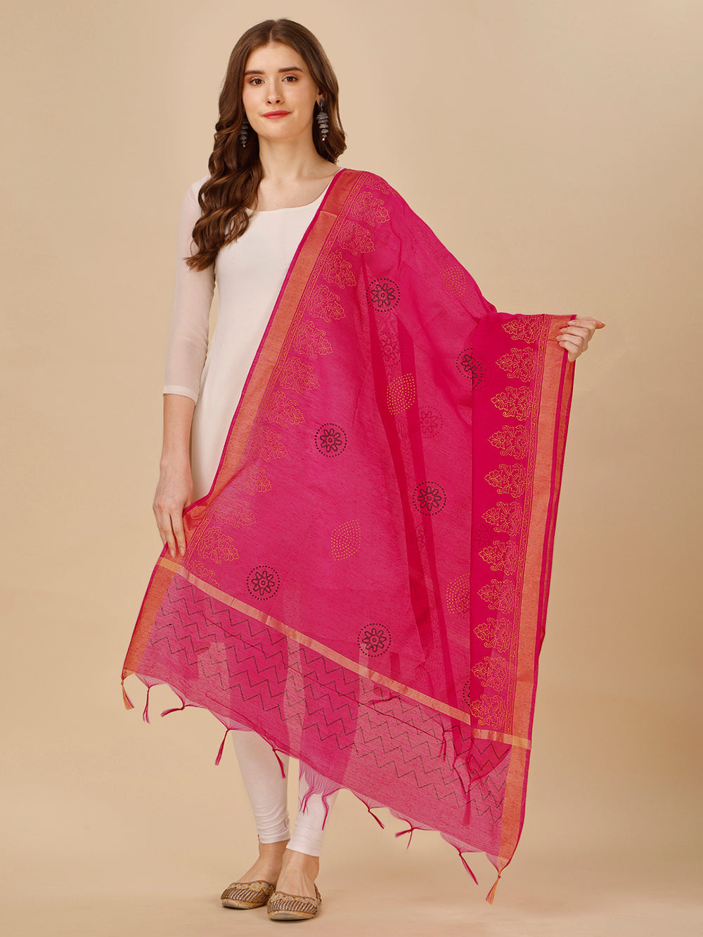 Women's Pink  Block Print Woven Cotton Silk Dupatta - NIMIDHYA