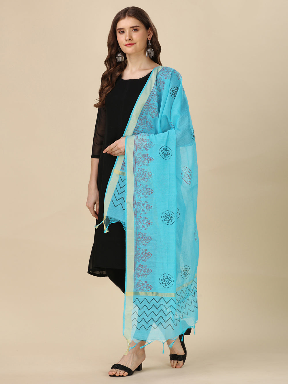 Women's Sky Blue  Block Print Woven Cotton Silk Dupatta - NIMIDHYA