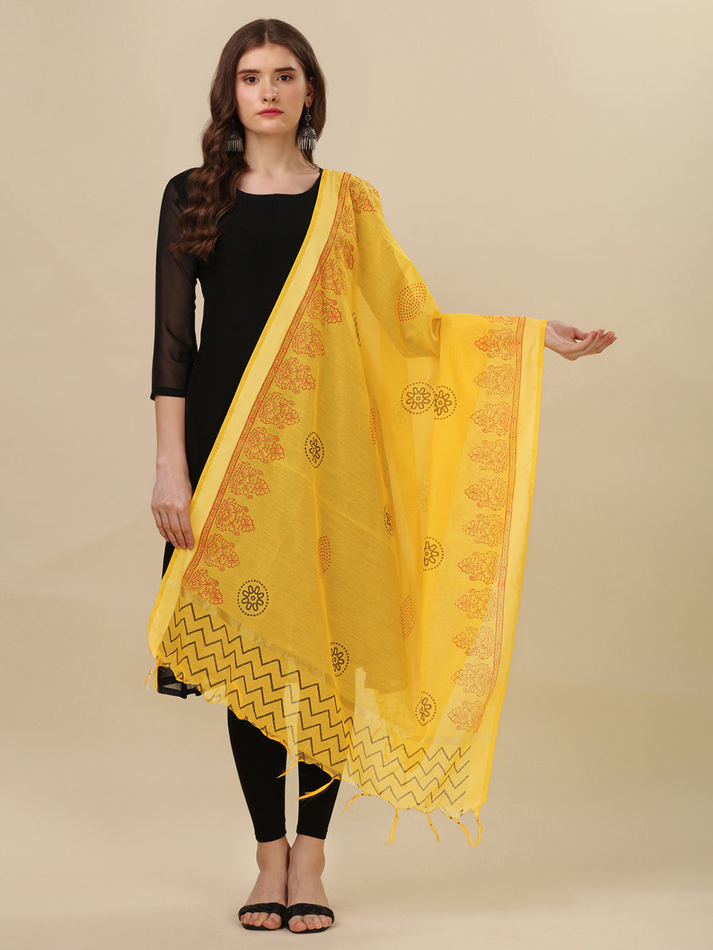 Women's Yellow  Block Print Woven Cotton Silk Dupatta - NIMIDHYA