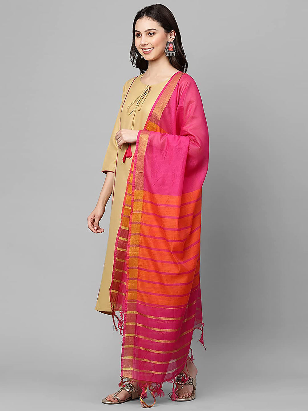 Women's Orange Pink Shaded Self Woven Gold Zari Striped Design Chanderi Dupatta With Tassles - NIMIDHYA