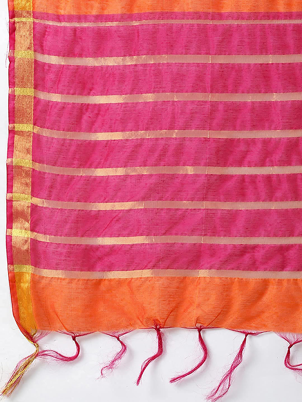 Women's Orange Pink Shaded Self Woven Gold Zari Striped Design Chanderi Dupatta With Tassles - NIMIDHYA