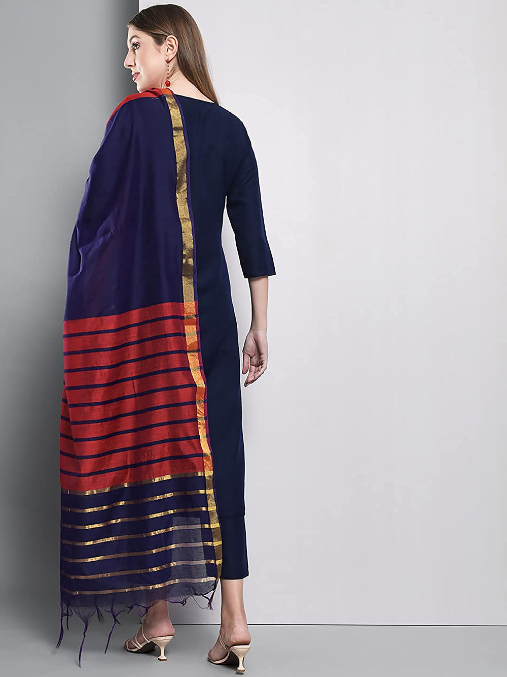 Women's Blue Red Shaded Self Woven Gold Zari Striped Design Chanderi Dupatta With Tassles - NIMIDHYA