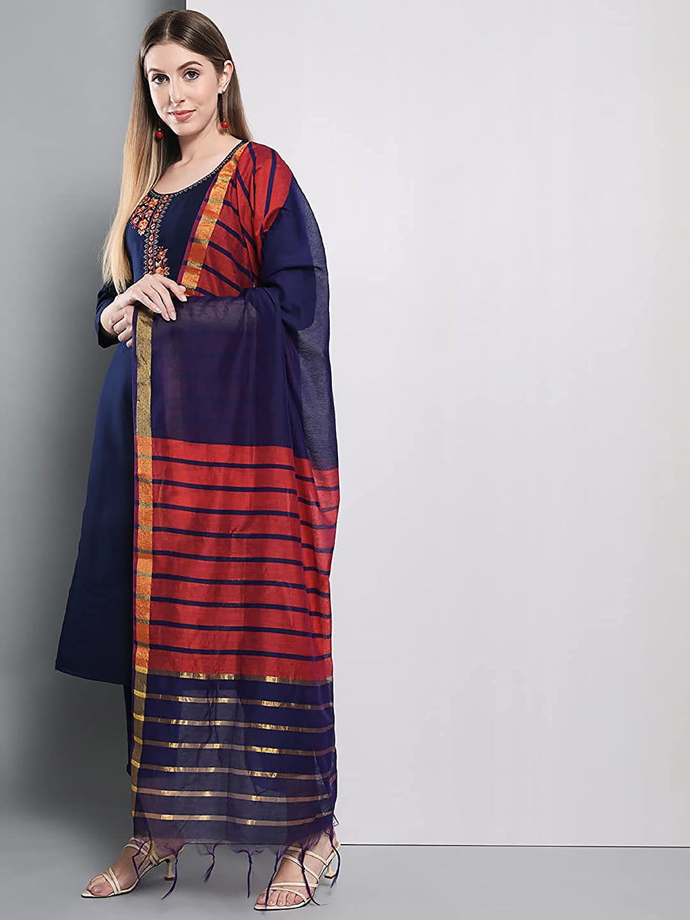 Women's Blue Red Shaded Self Woven Gold Zari Striped Design Chanderi Dupatta With Tassles - NIMIDHYA