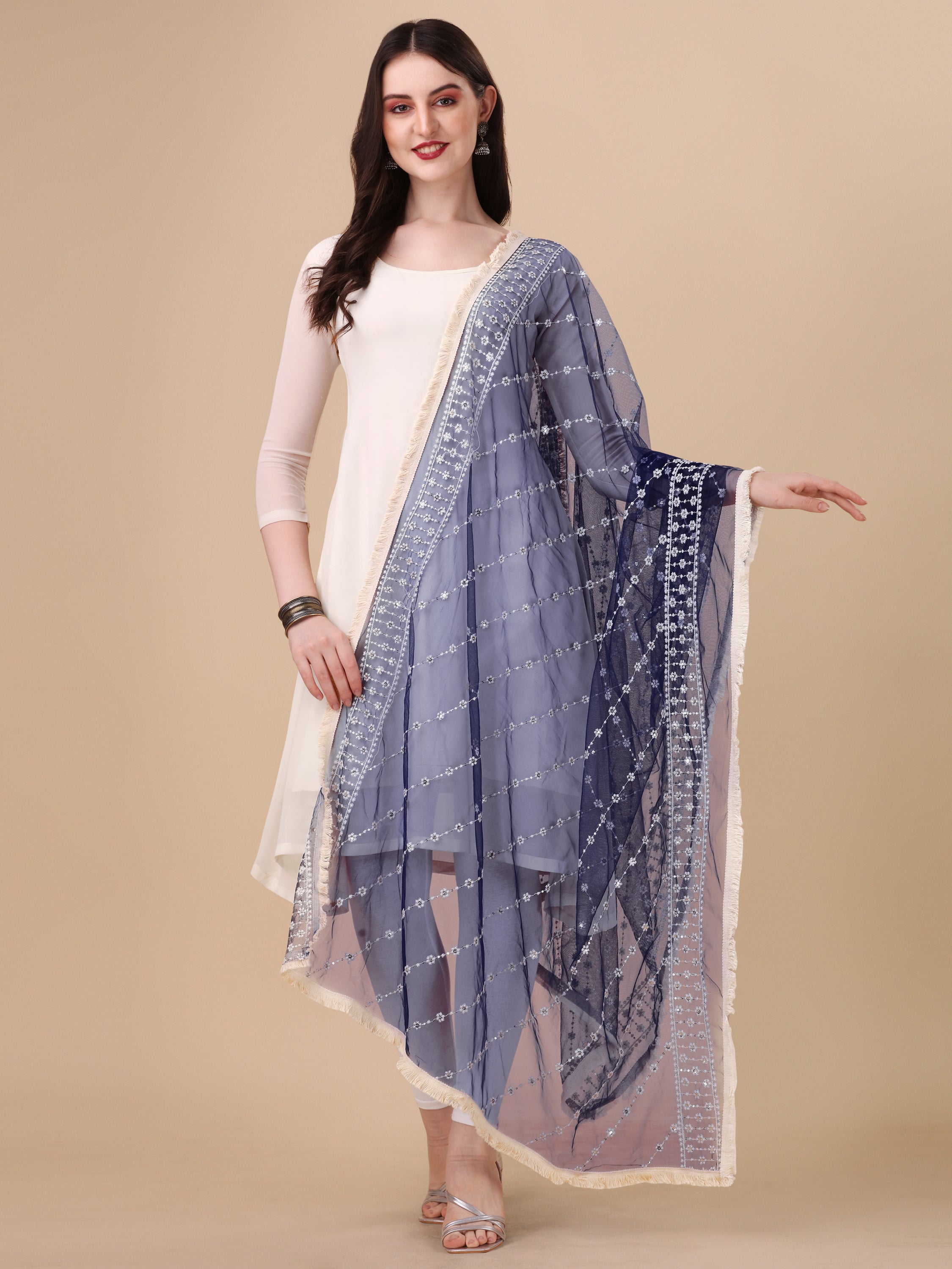 Women's Grey Floral Embroidery Net  Dupatta With Tassles - NIMIDHYA