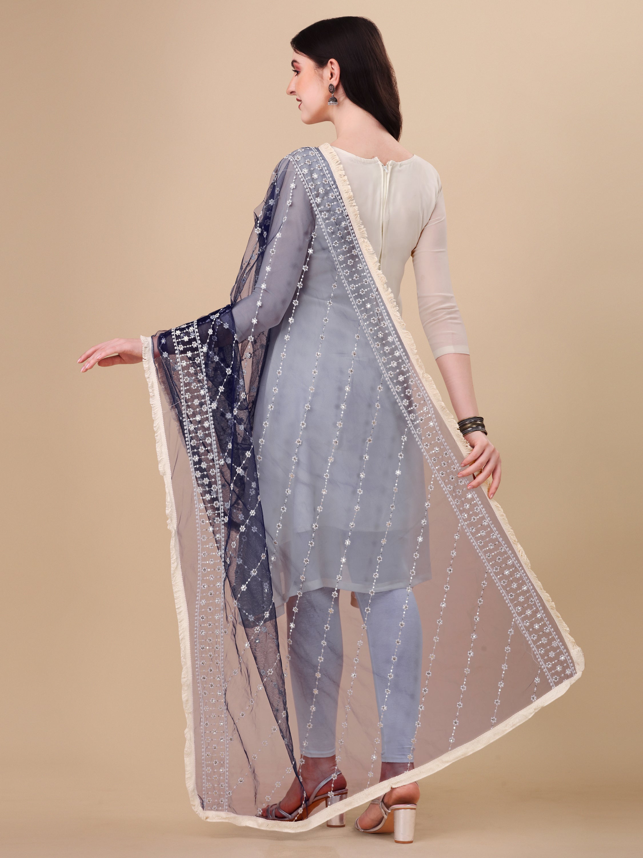 Women's Grey Floral Embroidery Net  Dupatta With Tassles - NIMIDHYA