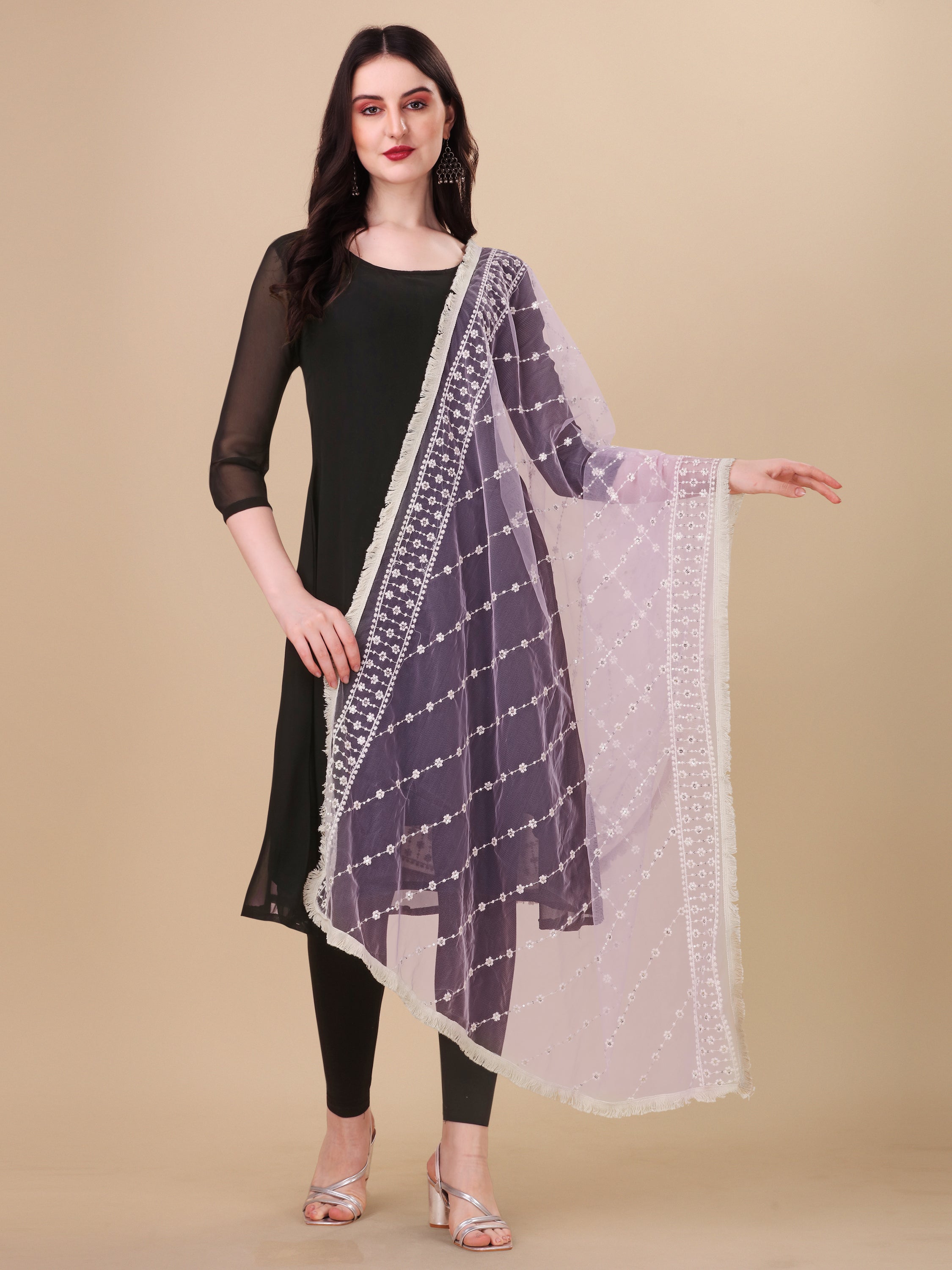 Women's Purple Floral Embroidery Net  Dupatta With Tassles - NIMIDHYA