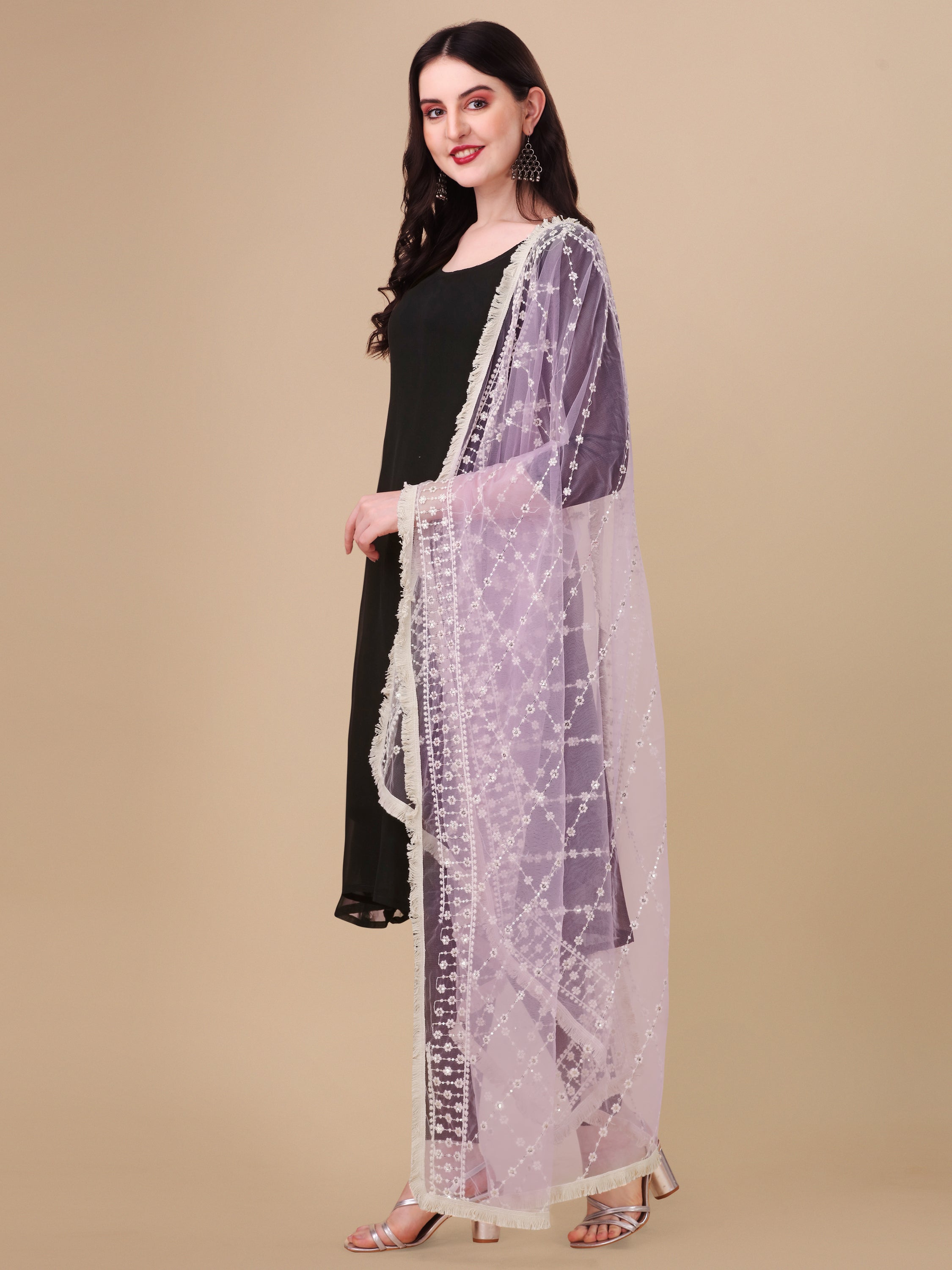 Women's Purple Floral Embroidery Net  Dupatta With Tassles - NIMIDHYA