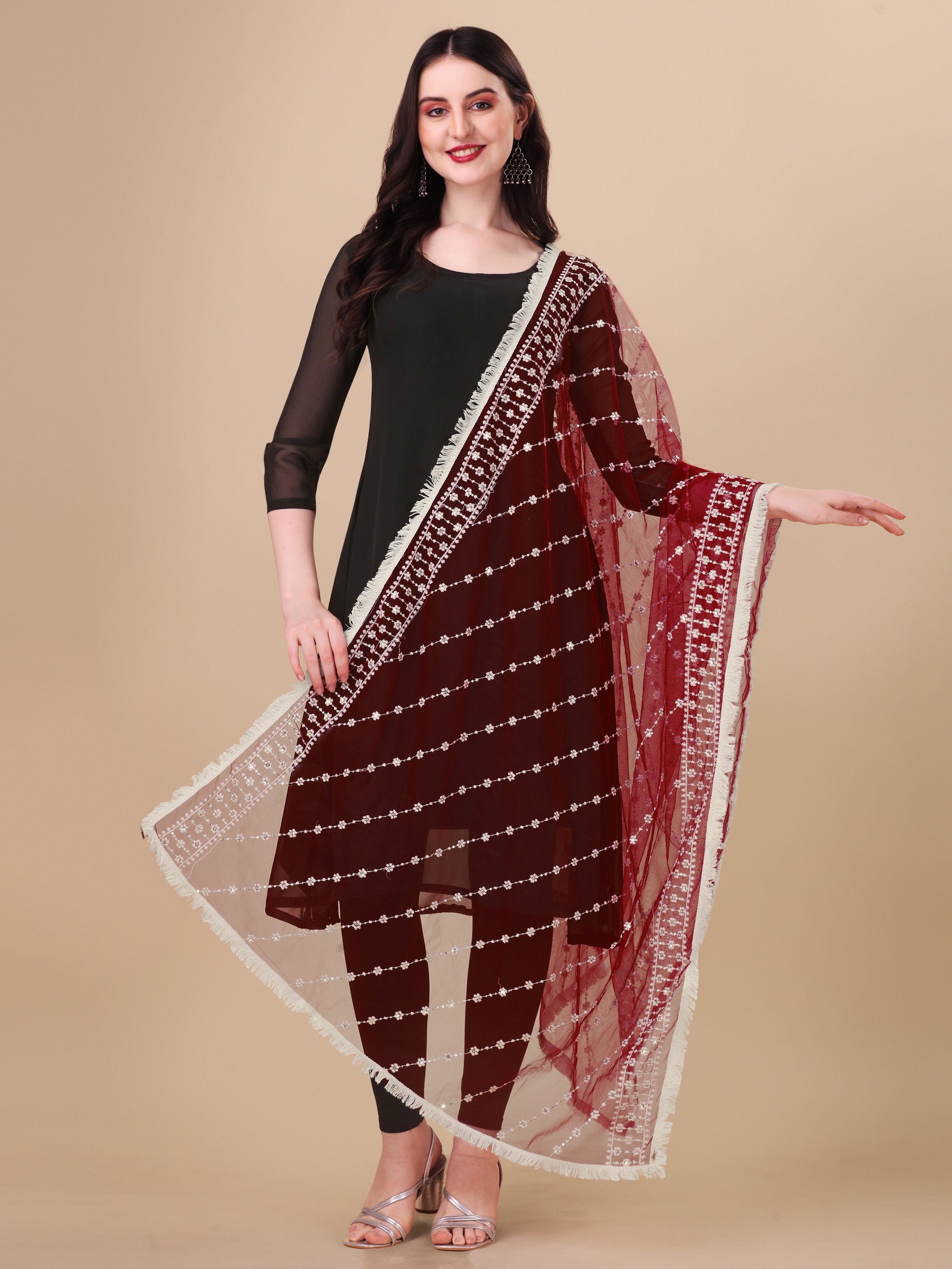 Women's Maroon Floral Embroidery Net  Dupatta With Tassles - NIMIDHYA