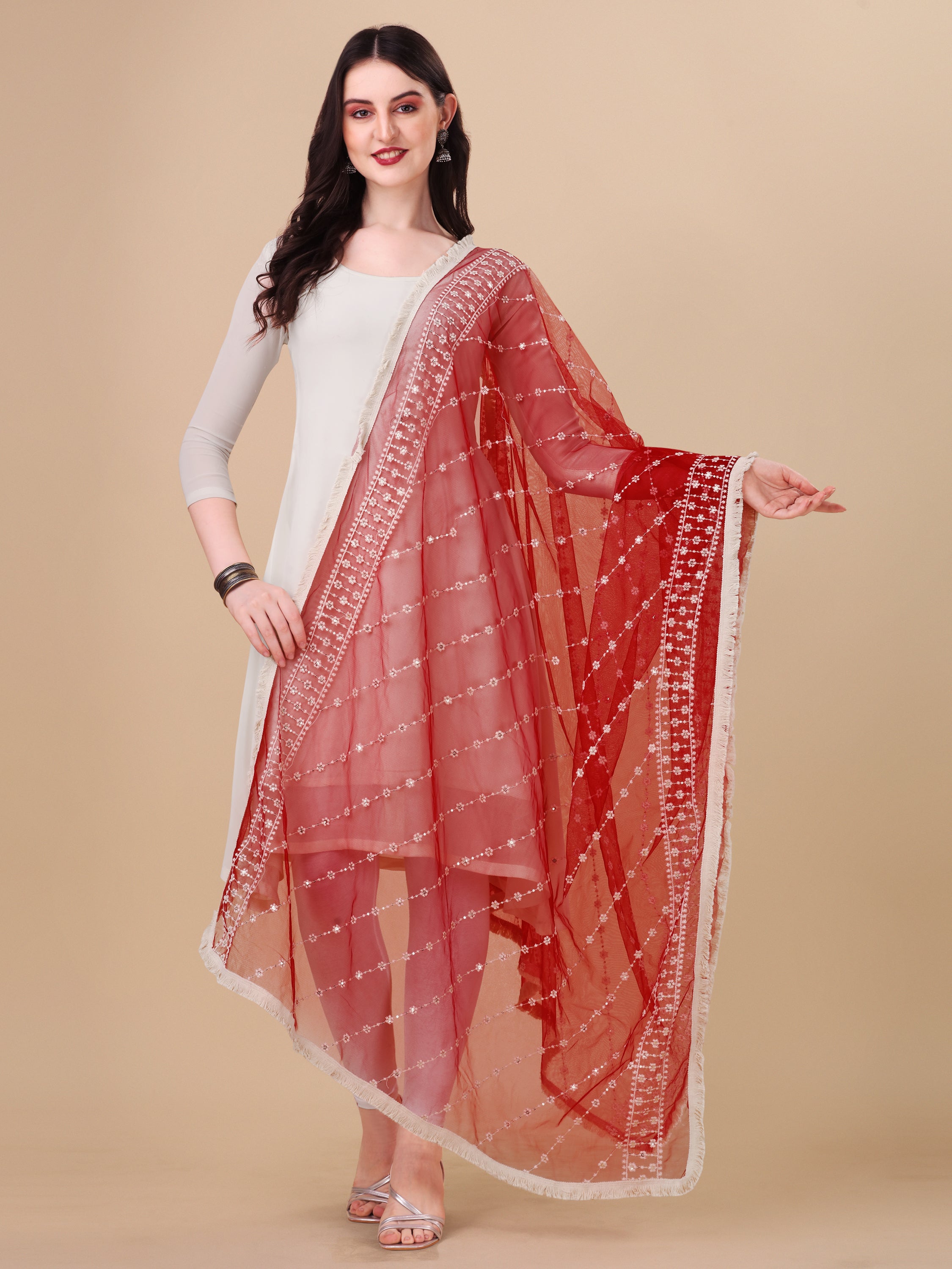 Women's Red Floral Embroidery Net  Dupatta With Tassles - NIMIDHYA