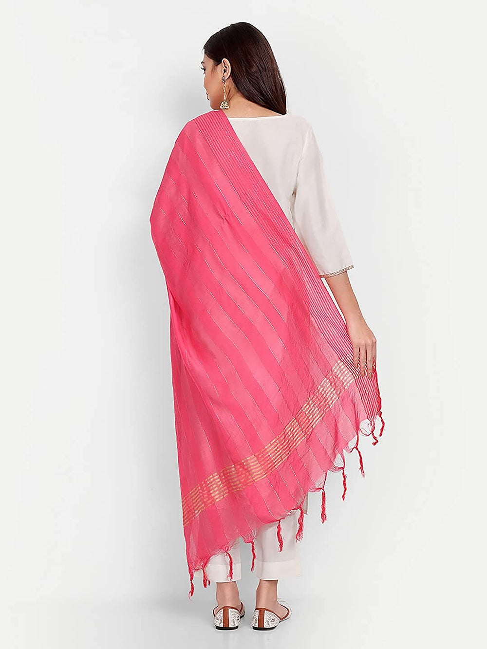 Women's Pink Self Woven Gold Zari Striped Design Cotton Silk Dupatta With Tassles - NIMIDHYA