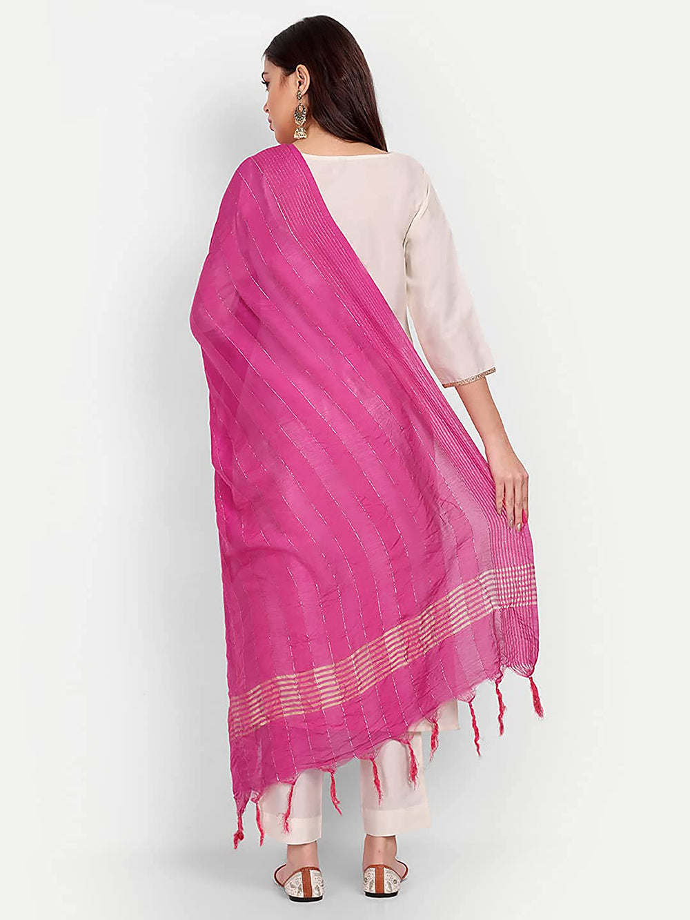 Women's Rani Self Woven Gold Zari Striped Design Cotton Silk Dupatta With Tassles - NIMIDHYA