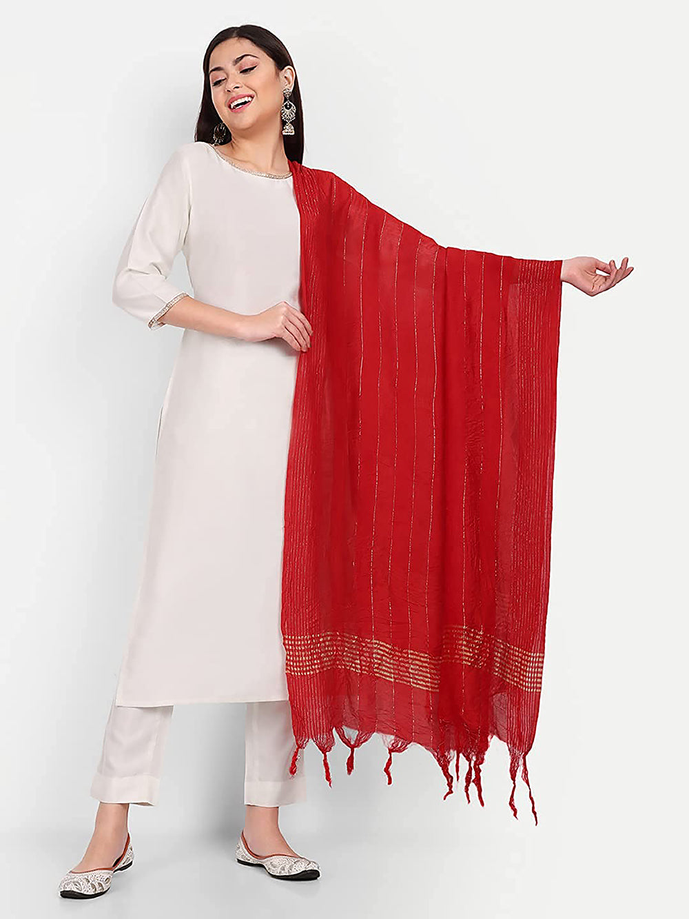 Women's Red Self Woven Gold Zari Striped Design Cotton Silk Dupatta With Tassles - NIMIDHYA