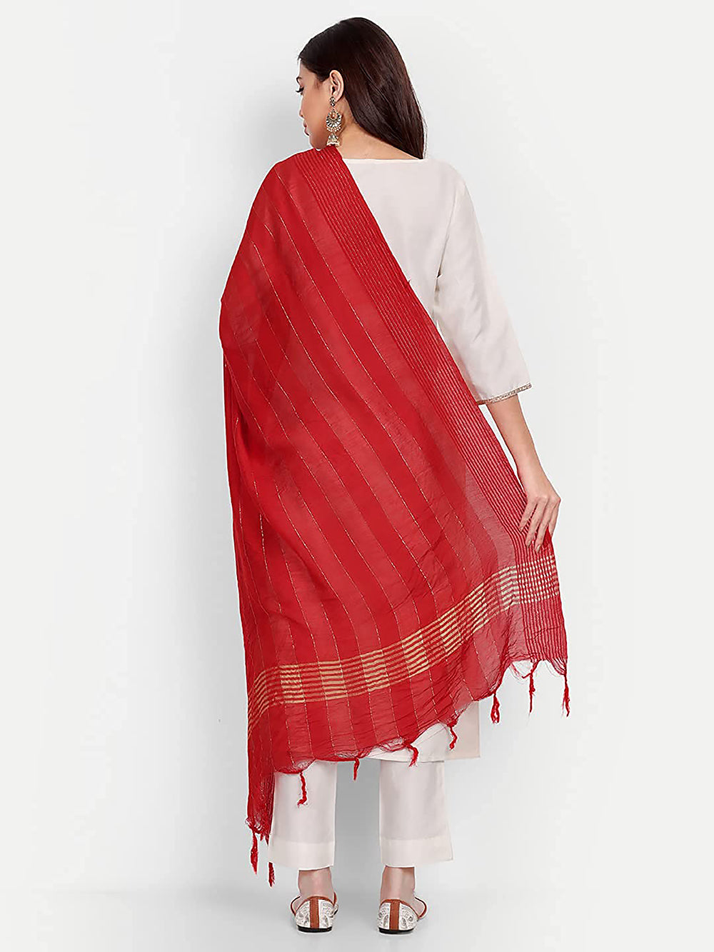 Women's Red Self Woven Gold Zari Striped Design Cotton Silk Dupatta With Tassles - NIMIDHYA
