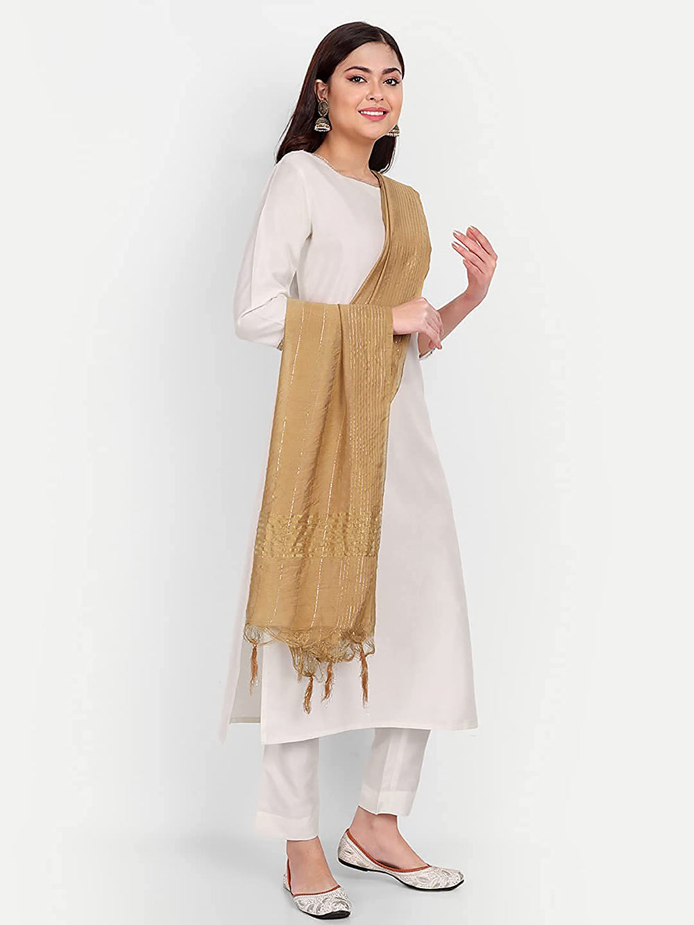 Women's Beige Self Woven Gold Zari Striped Design Cotton Silk Dupatta With Tassles - NIMIDHYA