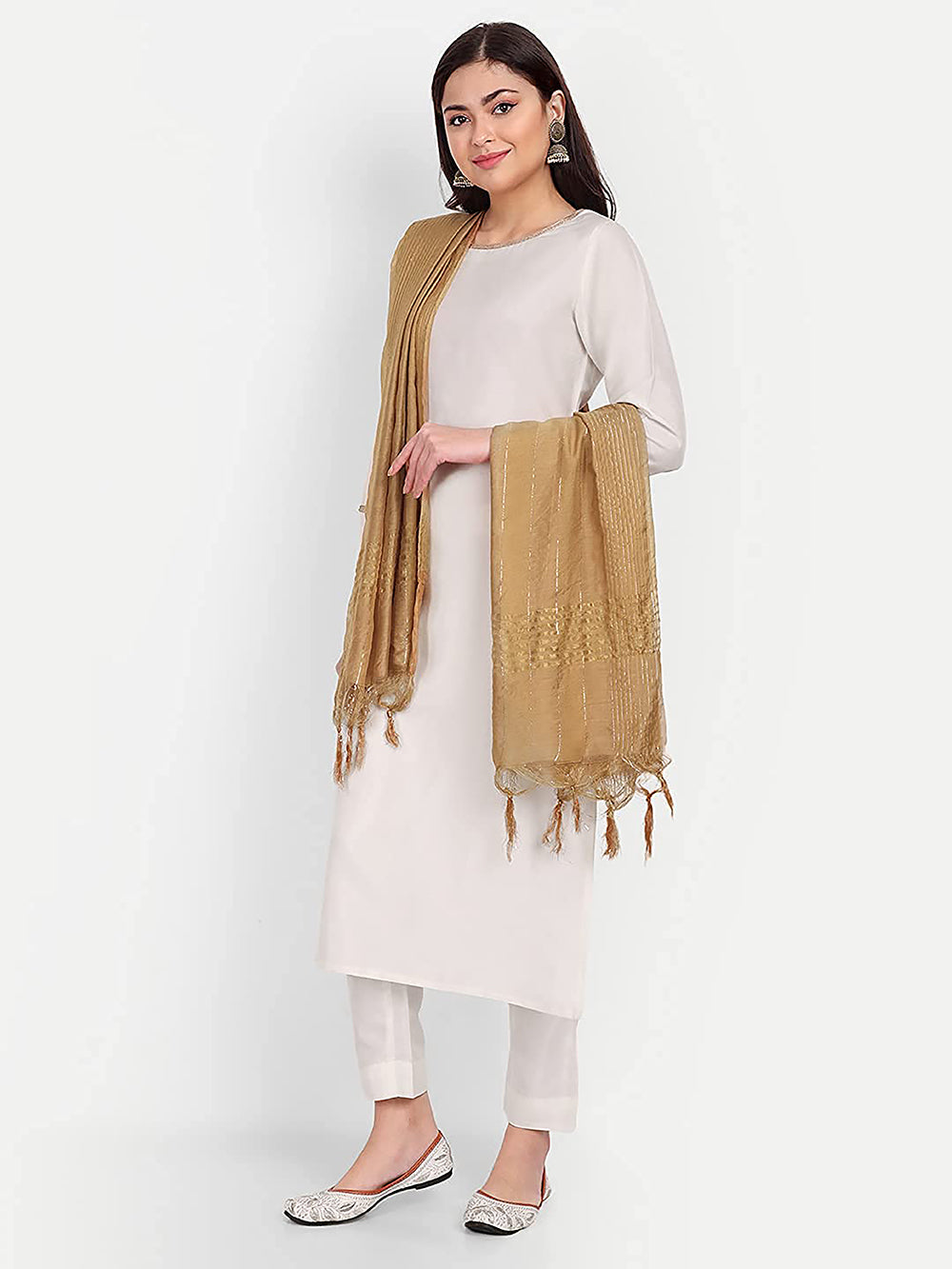 Women's Beige Self Woven Gold Zari Striped Design Cotton Silk Dupatta With Tassles - NIMIDHYA