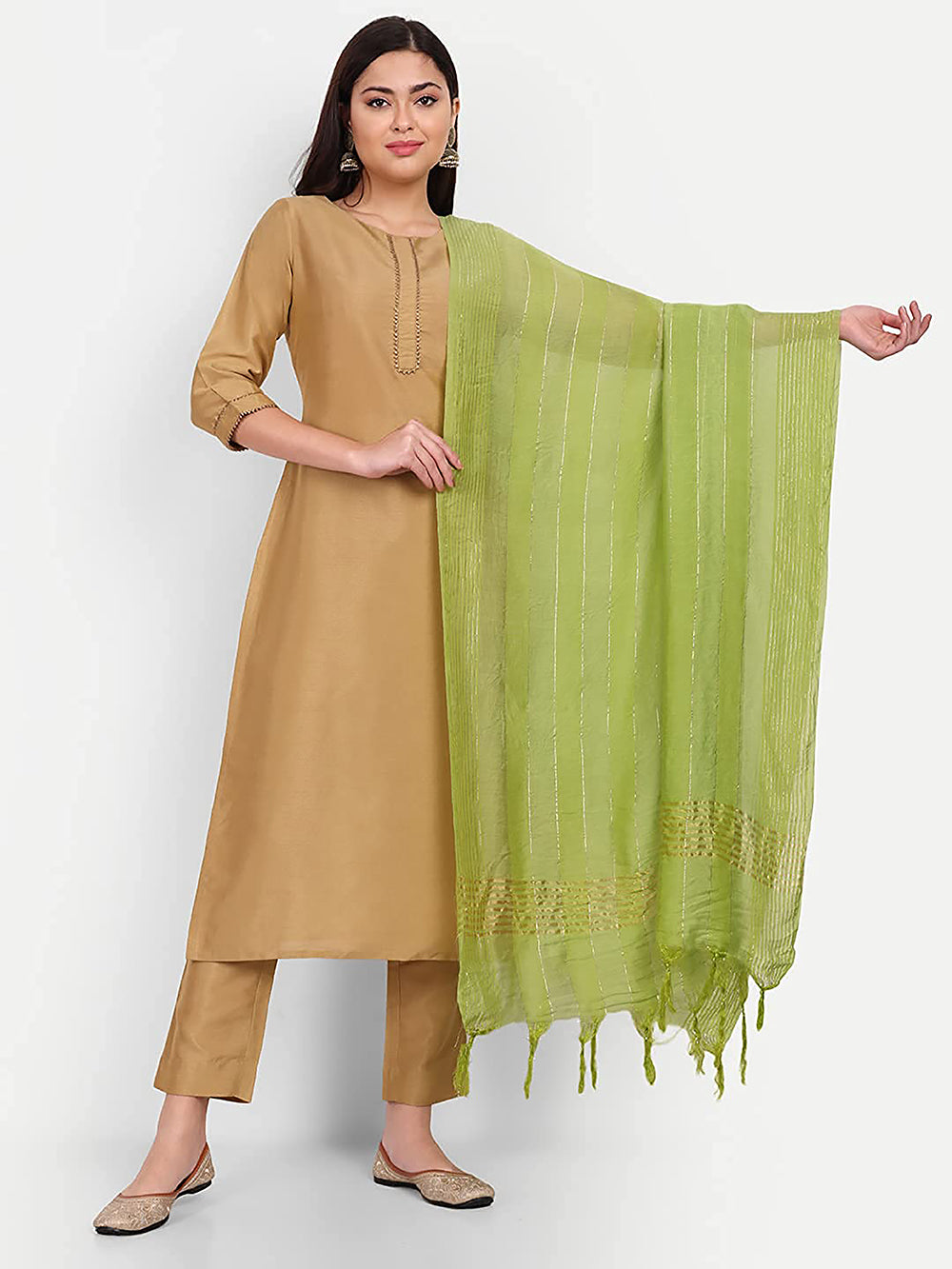 Women's Light Green Self Woven Gold Zari Striped Design Cotton Silk Dupatta With Tassles - NIMIDHYA
