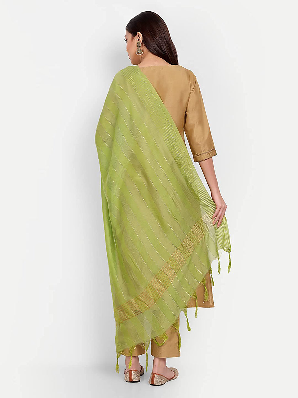 Women's Light Green Self Woven Gold Zari Striped Design Cotton Silk Dupatta With Tassles - NIMIDHYA