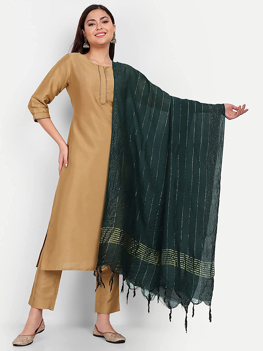 Women's Dark Green Self Woven Gold Zari Striped Design Cotton Silk Dupatta With Tassles - NIMIDHYA