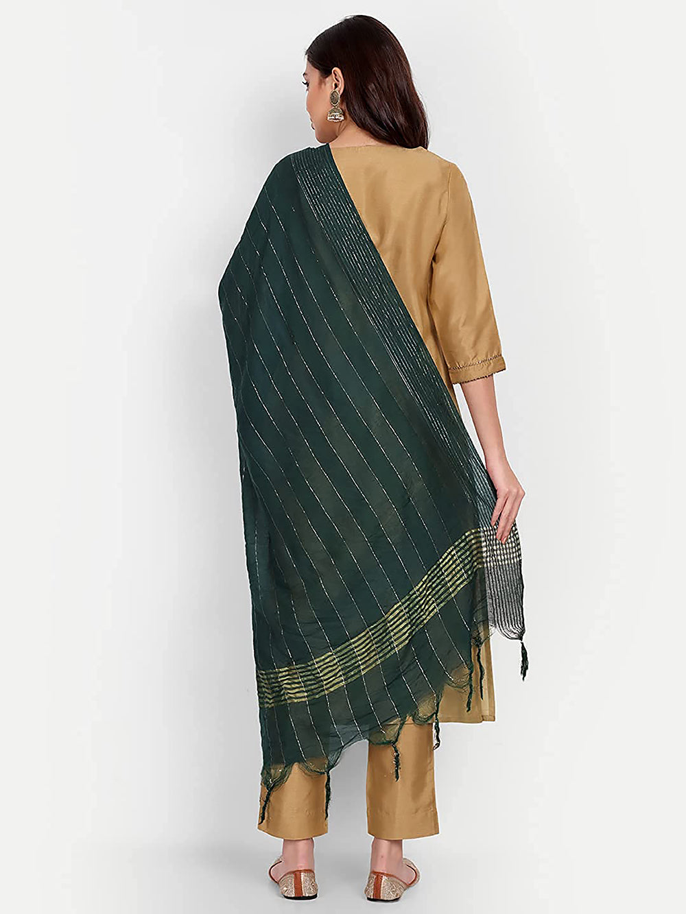 Women's Dark Green Self Woven Gold Zari Striped Design Cotton Silk Dupatta With Tassles - NIMIDHYA