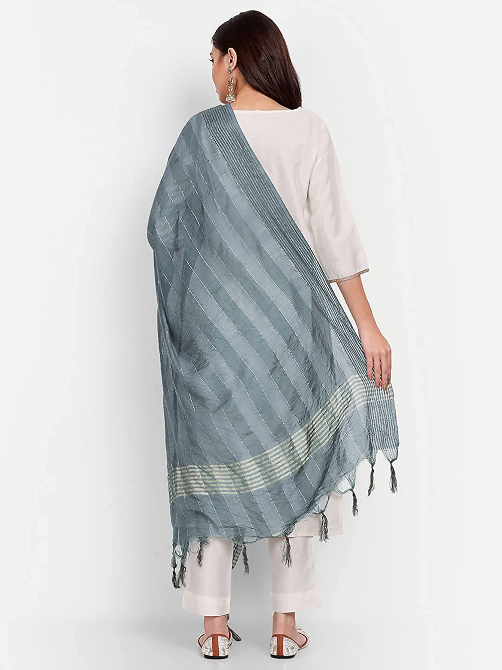 Women's Grey Self Woven Gold Zari Striped Design Cotton Silk Dupatta With Tassles - NIMIDHYA