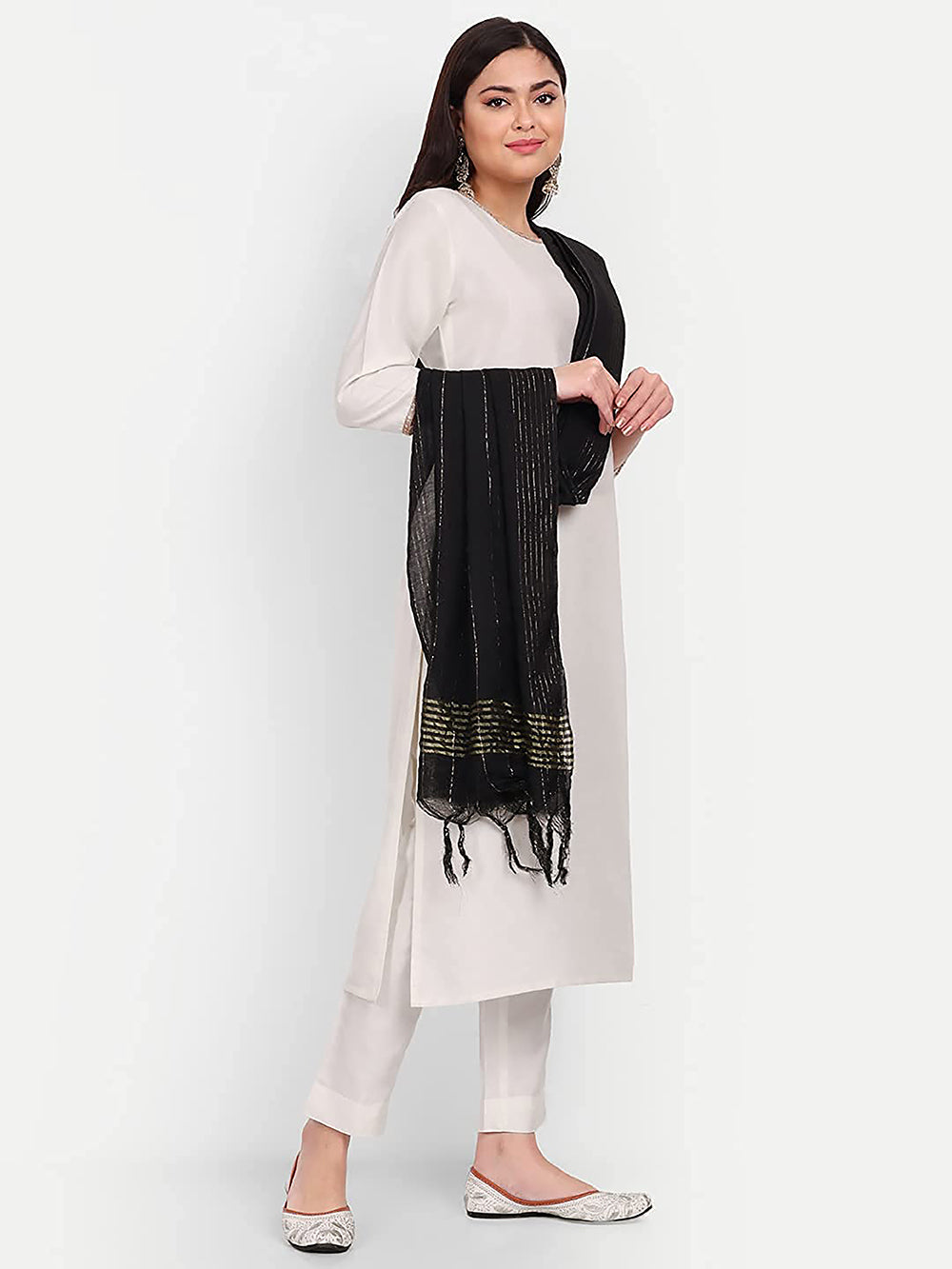 Women's Black  Self Woven Gold Zari Striped Design Cotton Silk Dupatta With Tassles - NIMIDHYA