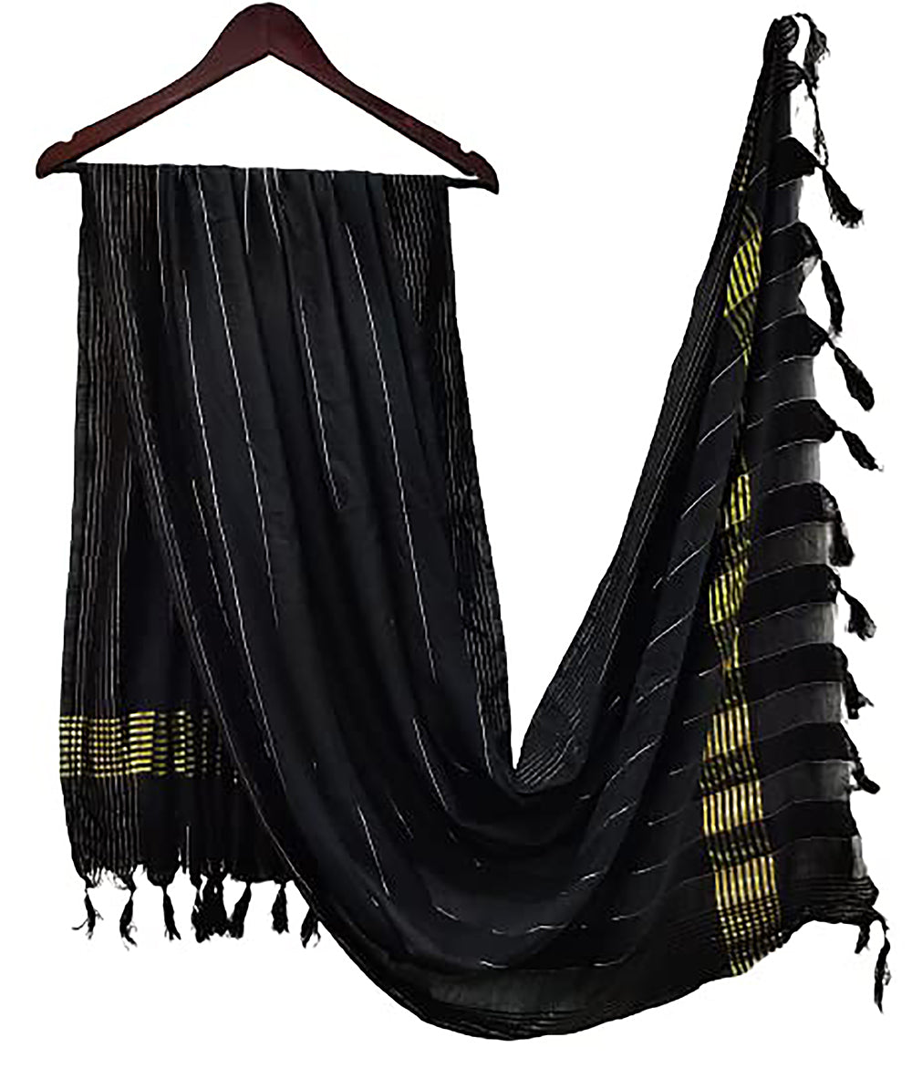Women's Black  Self Woven Gold Zari Striped Design Cotton Silk Dupatta With Tassles - NIMIDHYA