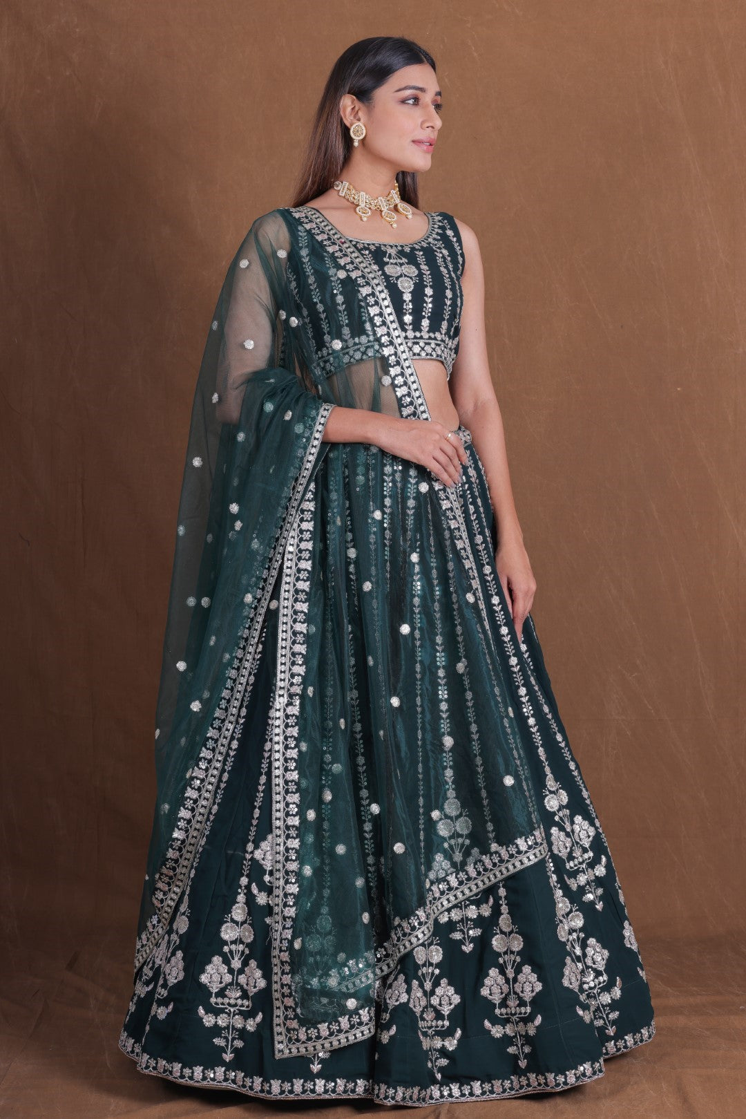 Women's Bottle Green Georgette Embroidered Lehenga Set