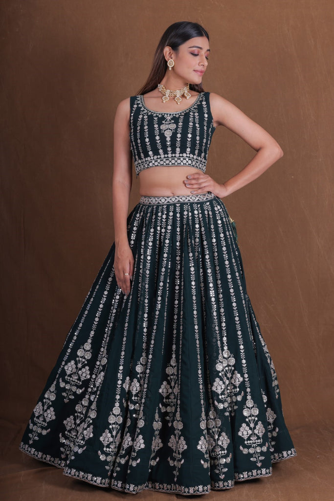 Women's Bottle Green Georgette Embroidered Lehenga Set